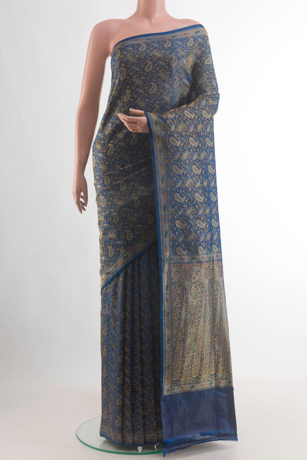 Blue Banarasi Tanchoi Silk Saree with Jacquard design on the body and Thread Border.  displayed on a mannequin