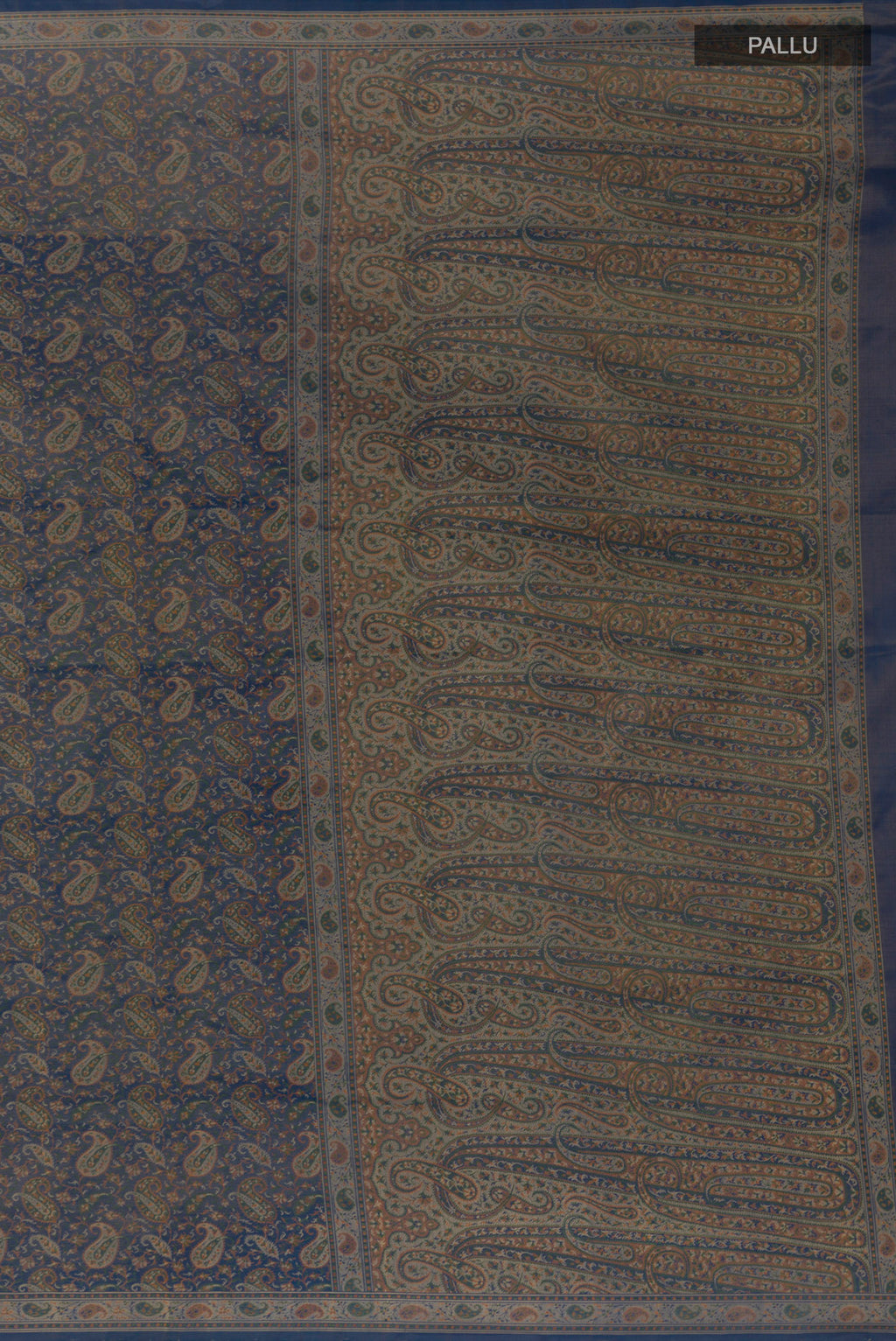 Close up image of the pallu of Blue Banarasi Tanchoi Silk Saree with Jacquard design on the body and Thread Border. 