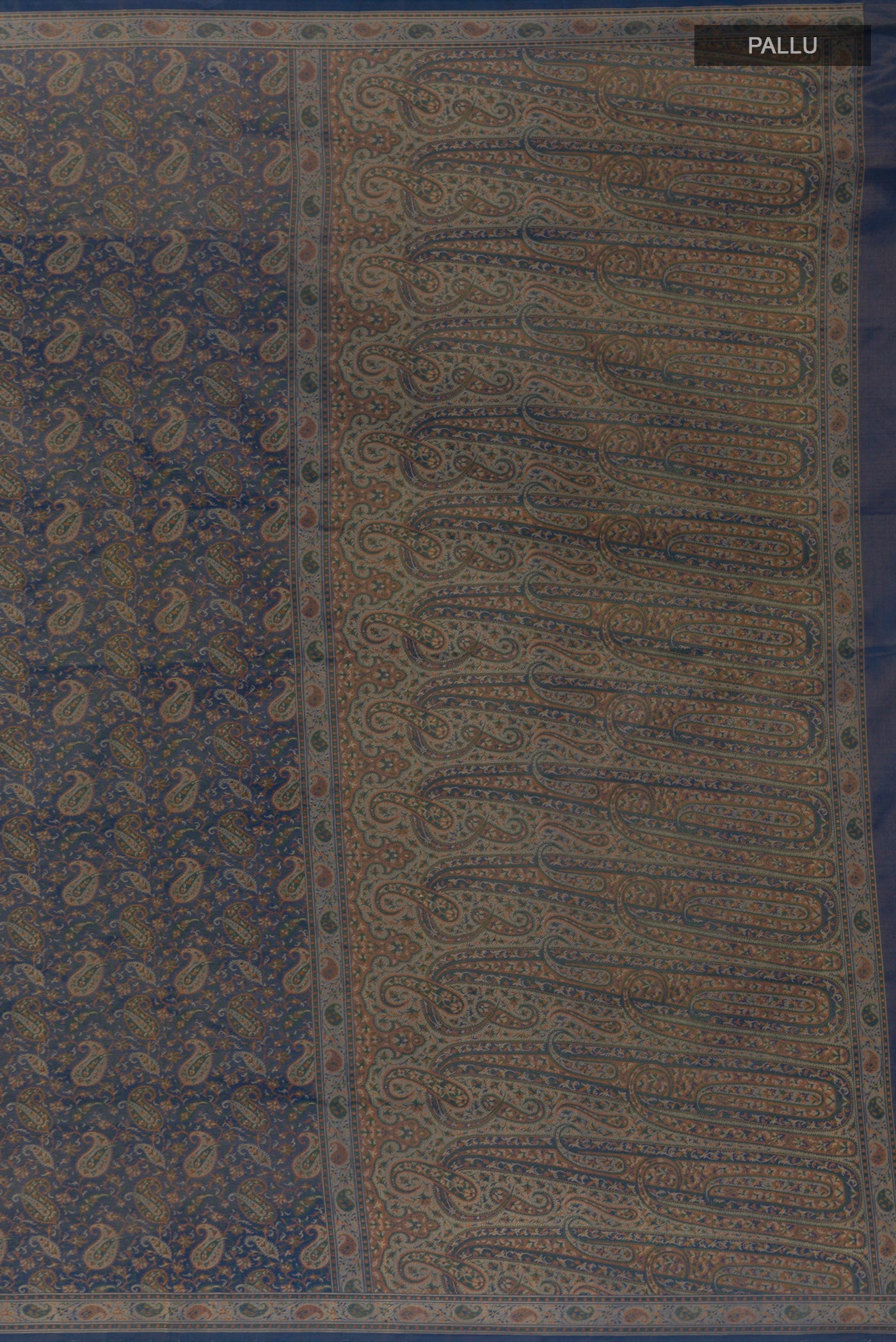 Close up image of the pallu of Blue Banarasi Tanchoi Silk Saree with Jacquard design on the body and Thread Border. 