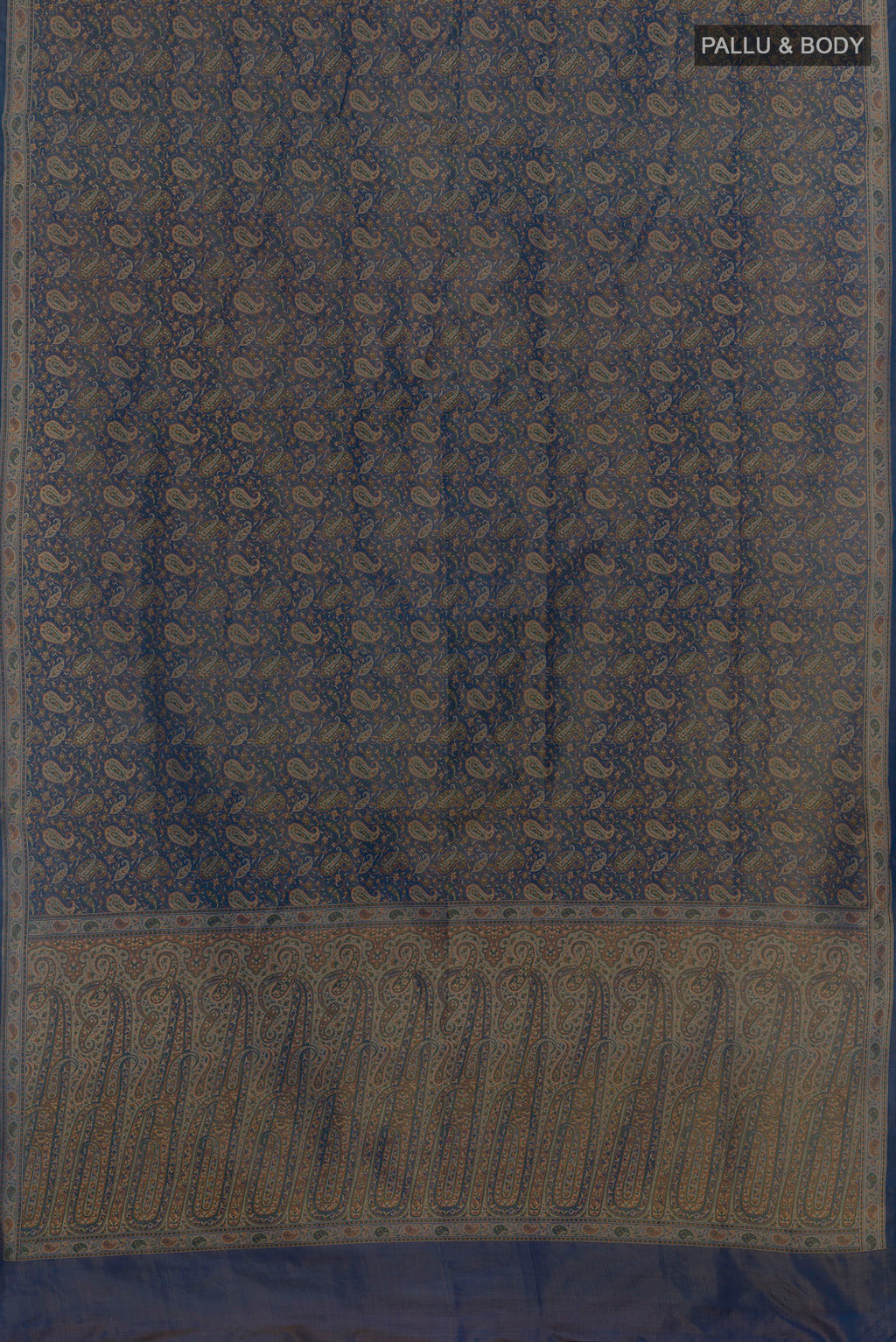 Flat view of Blue Banarasi Tanchoi Silk Saree with Jacquard design on the body and Thread Border. 