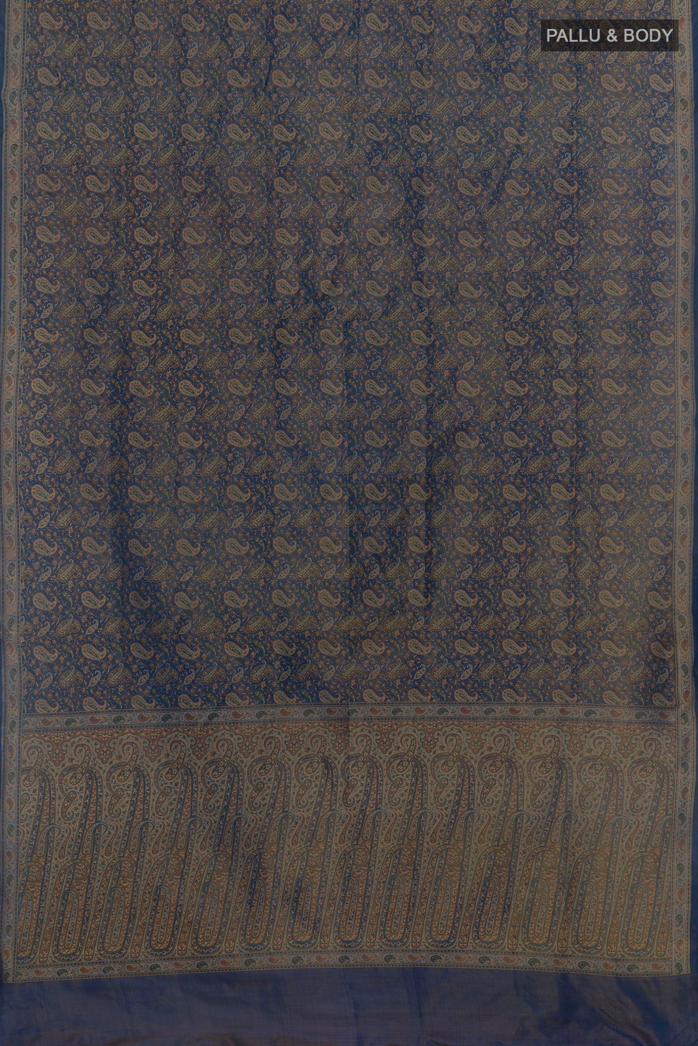 Flat view of Blue Banarasi Tanchoi Silk Saree with Jacquard design on the body and Thread Border. 