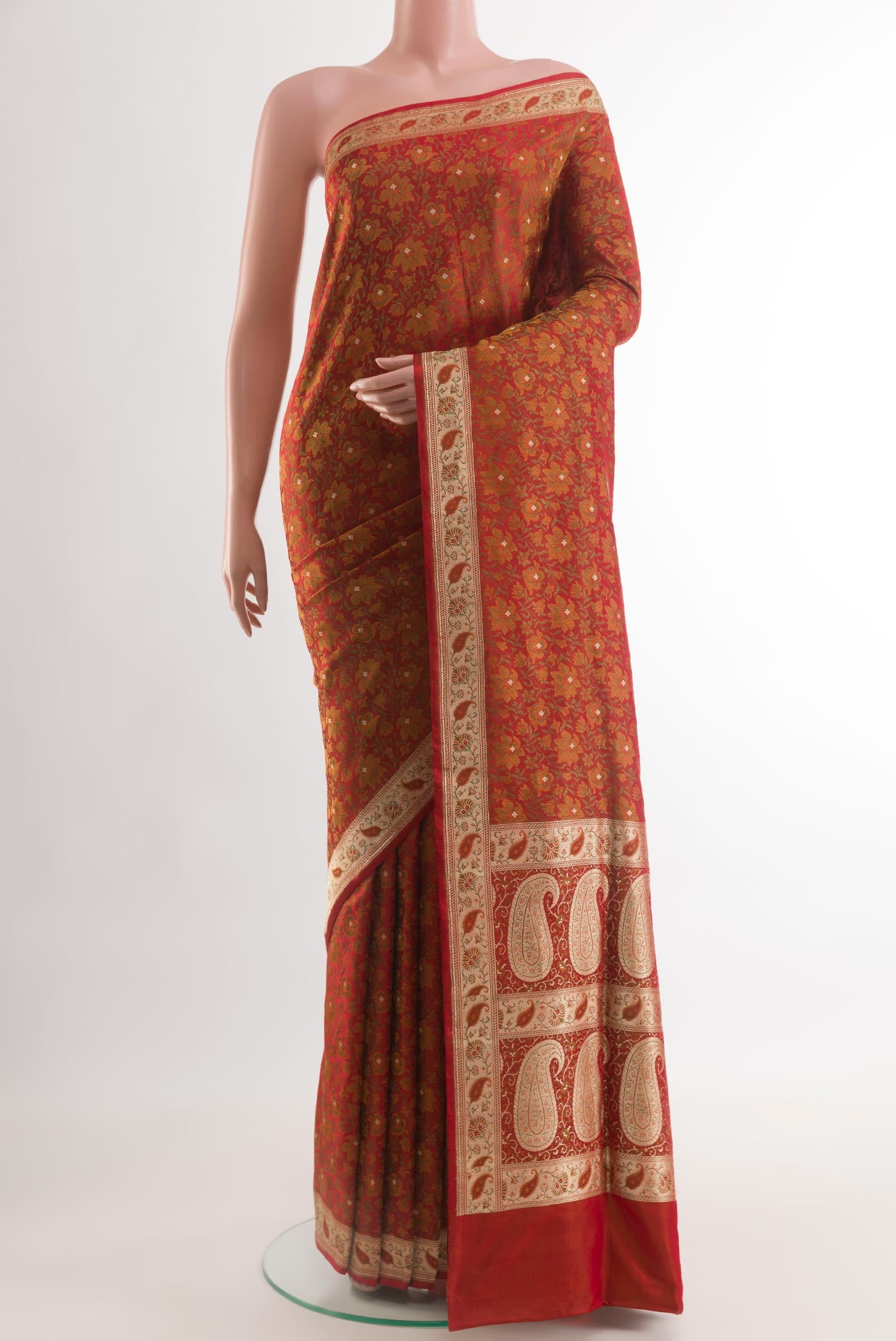 Red Banarasi Tanchoi Silk Saree with Jacquard With Zari Butta on the body and Zari Border.  displayed on a mannequin