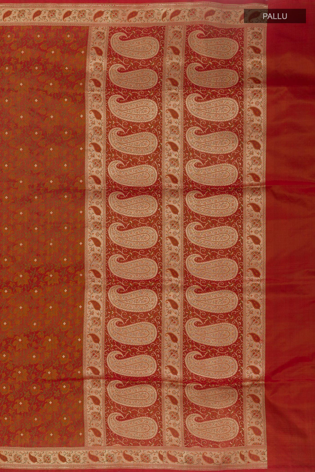 Close up image of the pallu of Red Banarasi Tanchoi Silk Saree with Jacquard With Zari Butta on the body and Zari Border. 