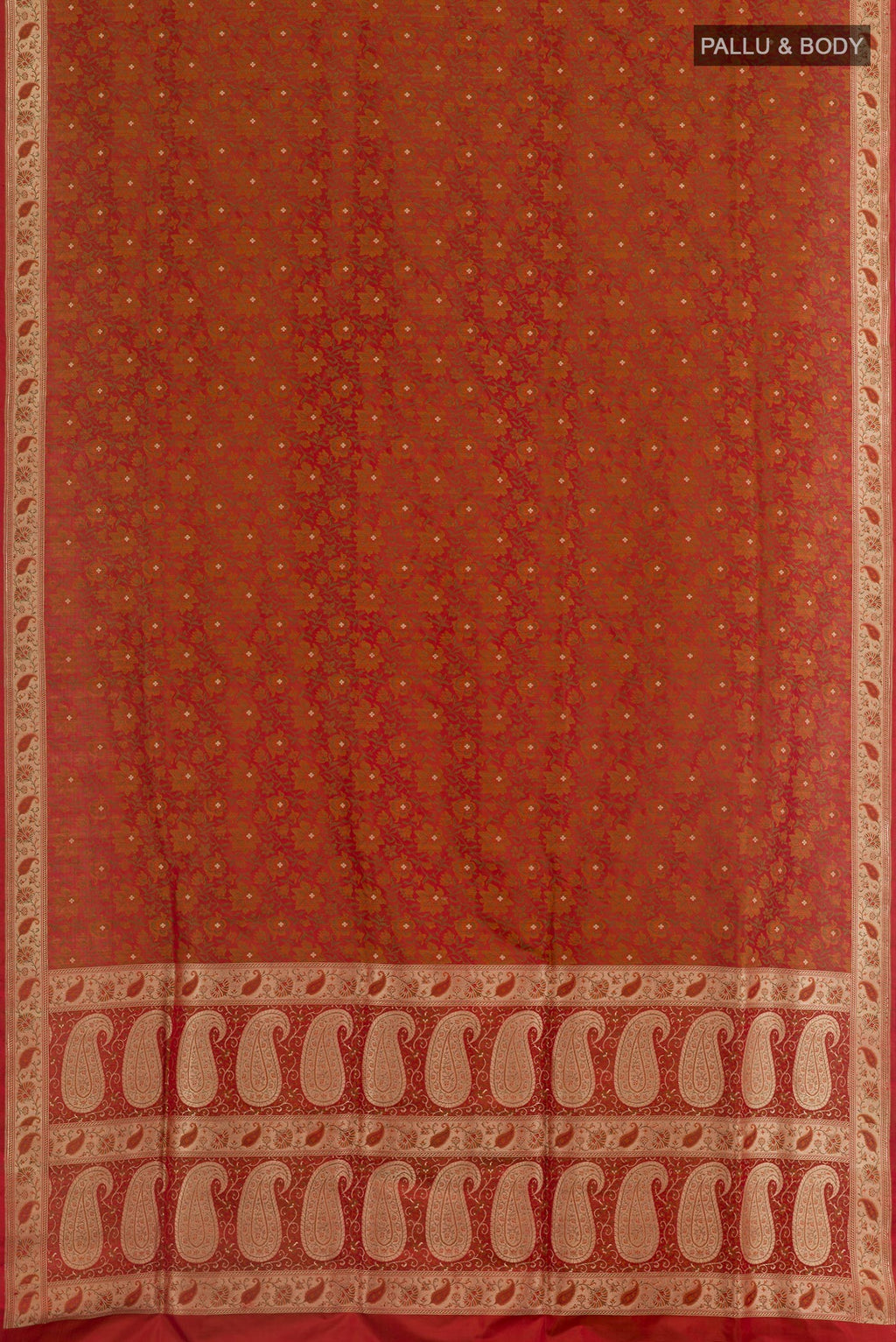 Flat view of Red Banarasi Tanchoi Silk Saree with Jacquard With Zari Butta on the body and Zari Border. 