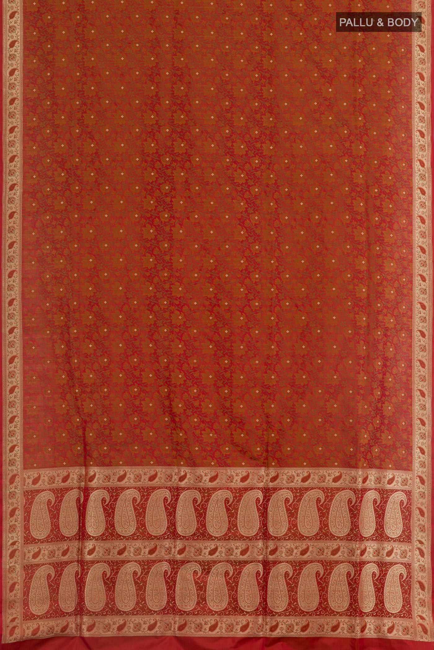 Flat view of Red Banarasi Tanchoi Silk Saree with Jacquard With Zari Butta on the body and Zari Border. 