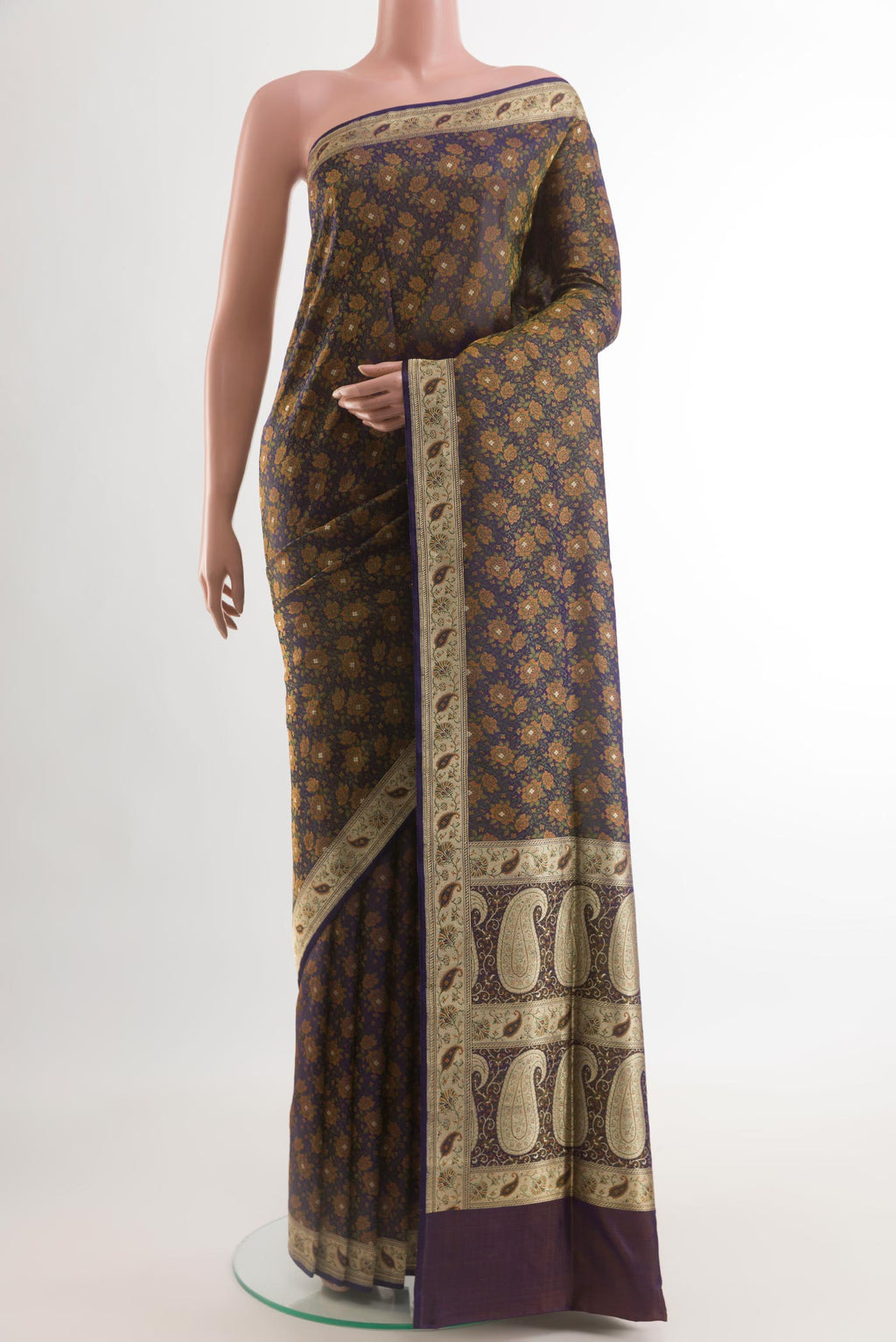 Dark Blue Banarasi Tanchoi Silk Saree with Jacquard With Zari Butta on the body and Zari Border.  displayed on a mannequin