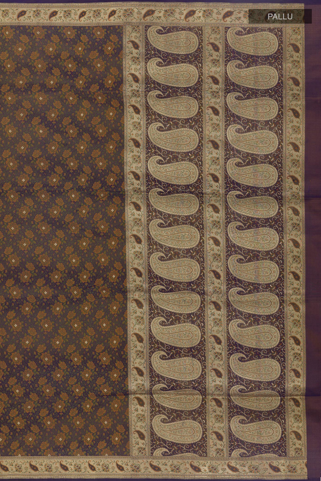 Close up image of the pallu of Dark Blue Banarasi Tanchoi Silk Saree with Jacquard With Zari Butta on the body and Zari Border. 