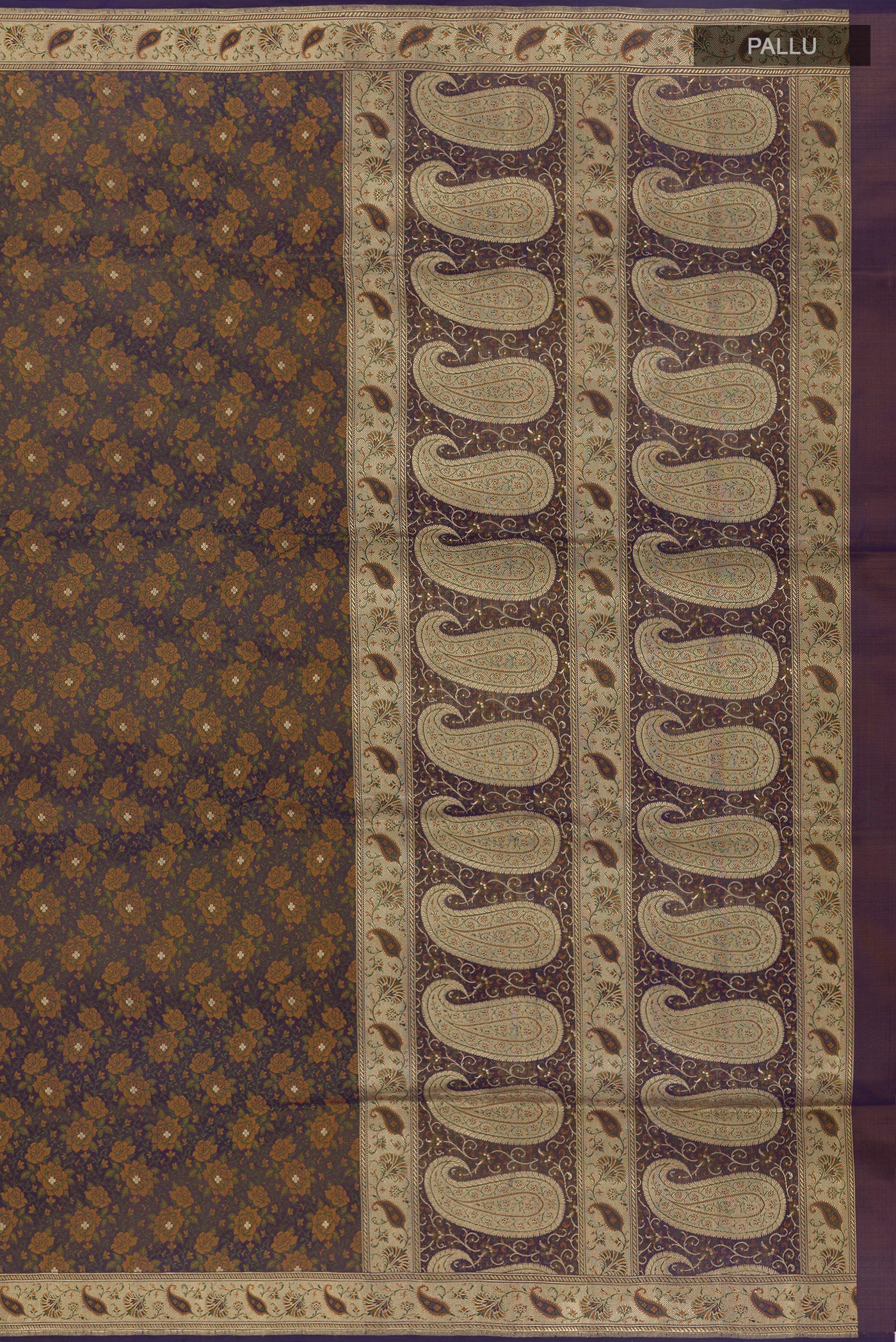 Close up image of the pallu of Dark Blue Banarasi Tanchoi Silk Saree with Jacquard With Zari Butta on the body and Zari Border. 