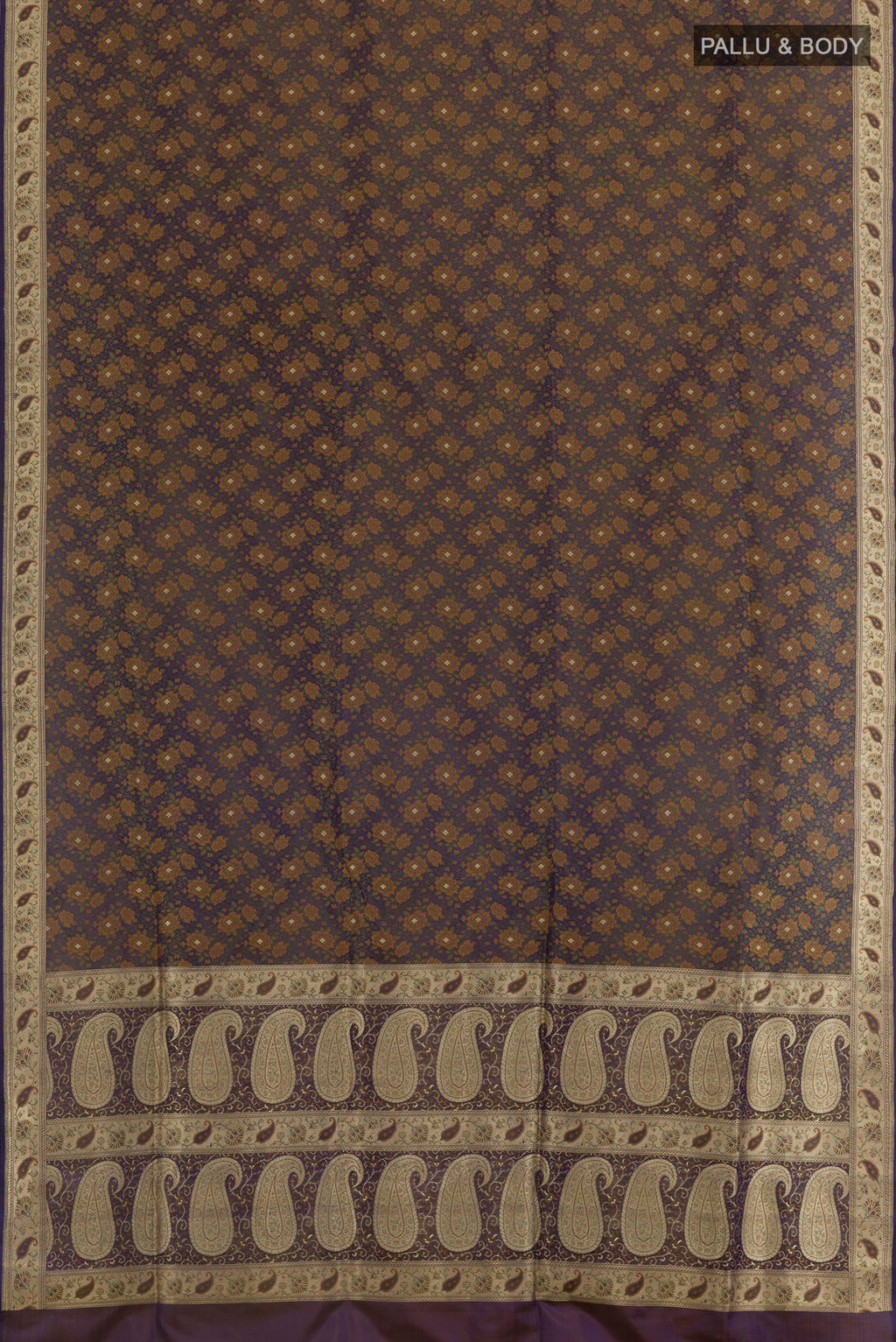 Flat view of Dark Blue Banarasi Tanchoi Silk Saree with Jacquard With Zari Butta on the body and Zari Border. 