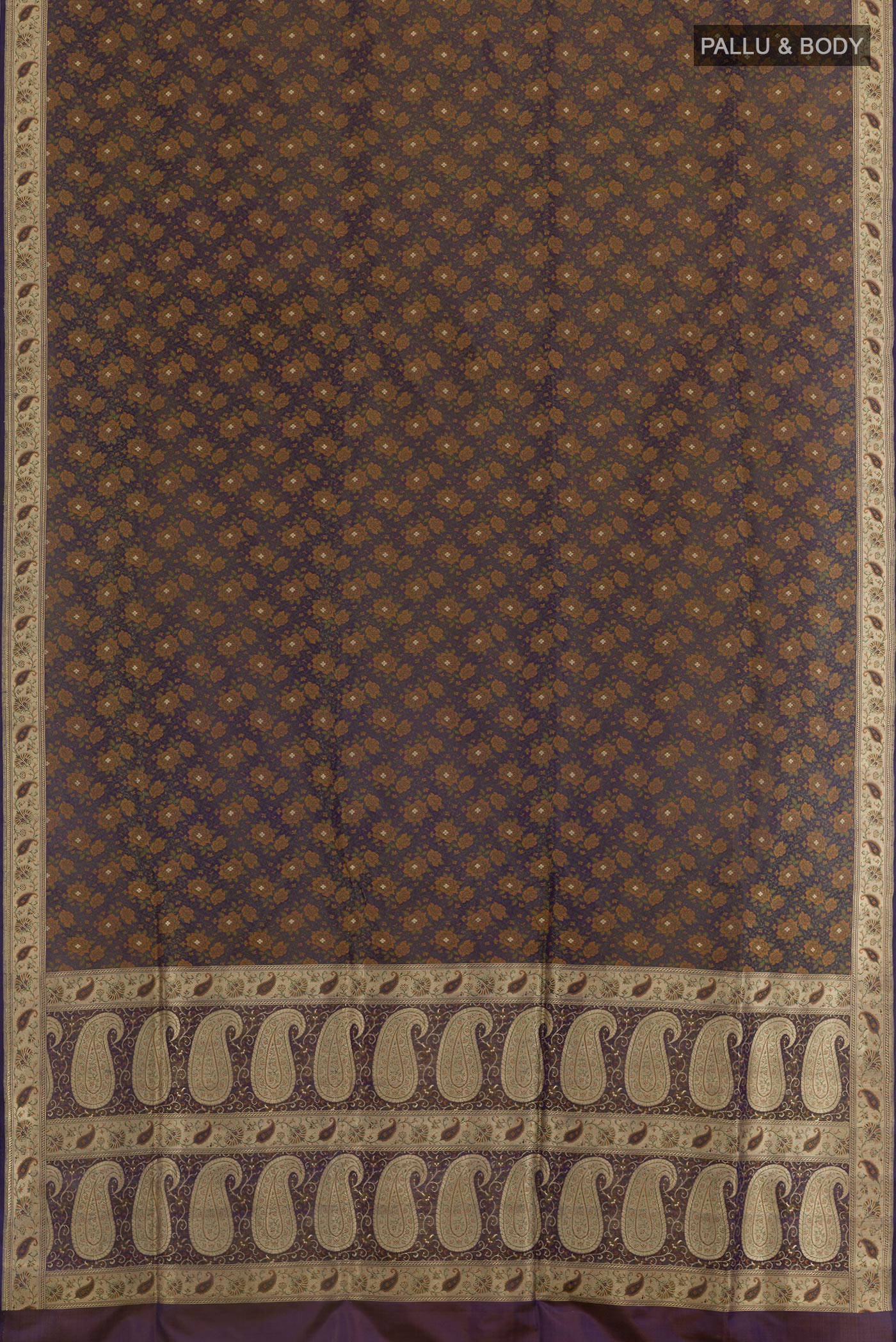 Flat view of Dark Blue Banarasi Tanchoi Silk Saree with Jacquard With Zari Butta on the body and Zari Border. 