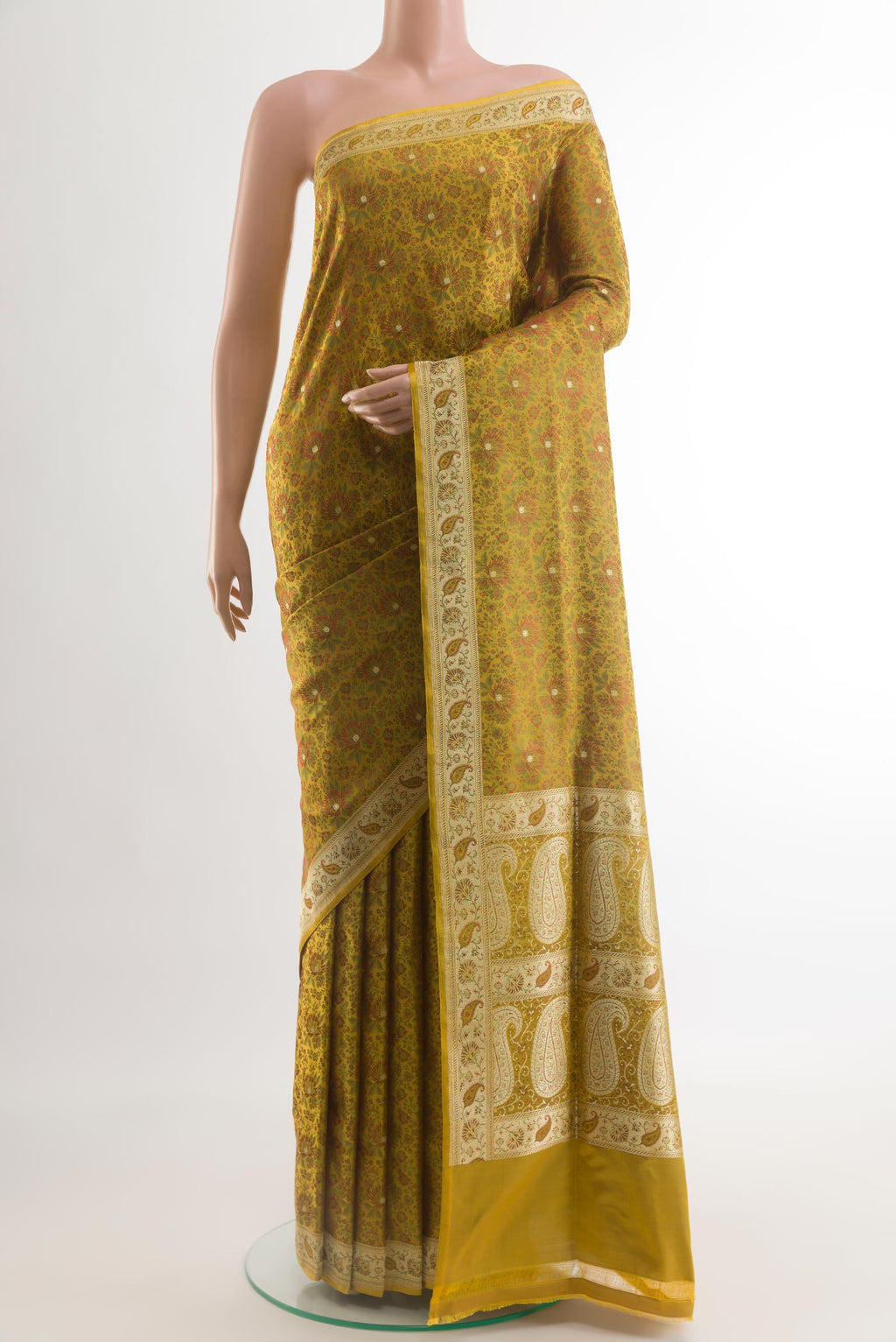 Yellow Banarasi Tanchoi Silk Saree with Jacquard With Zari Butta on the body and Zari Border.  displayed on a mannequin