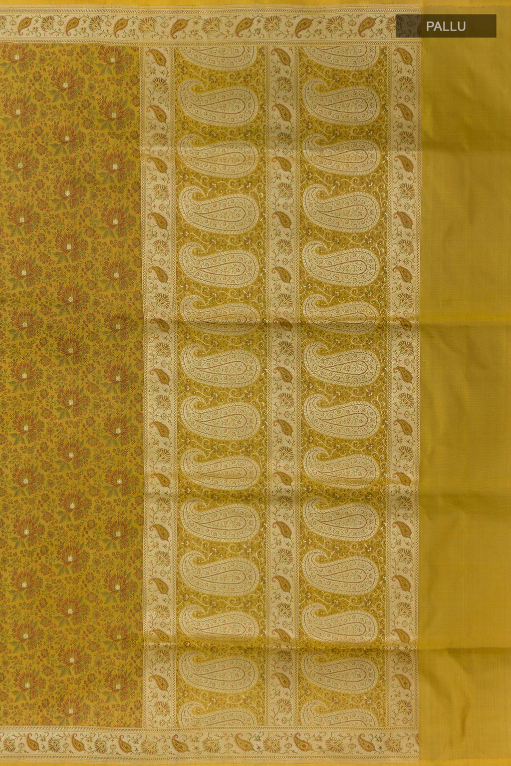 Close up image of the pallu of Yellow Banarasi Tanchoi Silk Saree with Jacquard With Zari Butta on the body and Zari Border. 