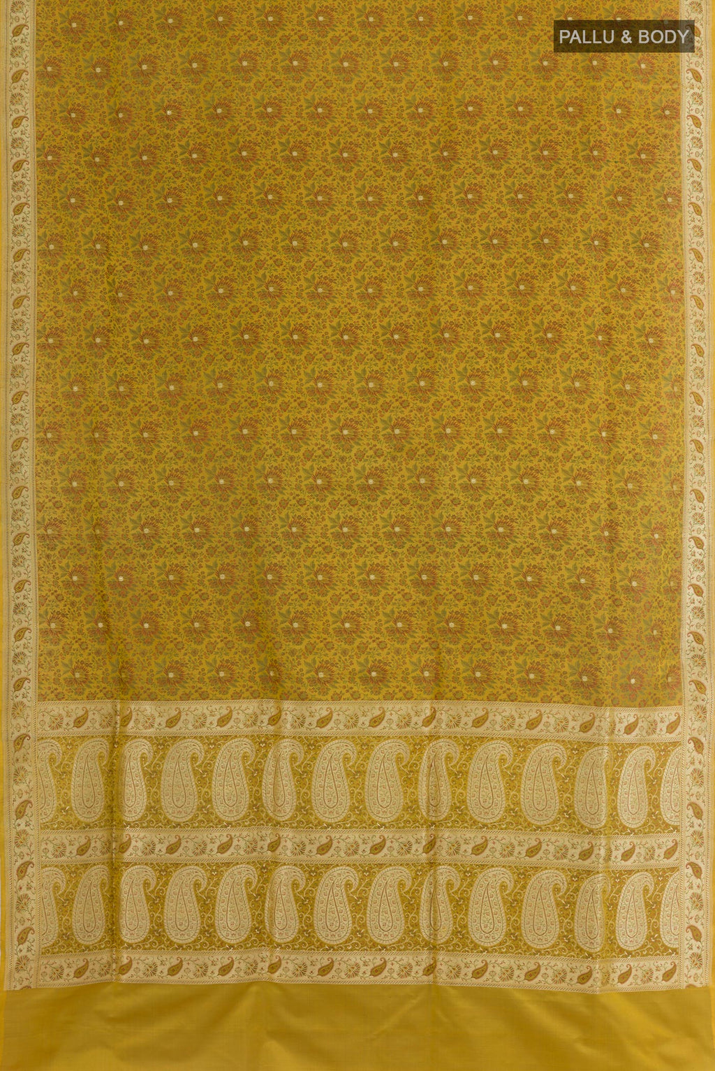 Flat view of Yellow Banarasi Tanchoi Silk Saree with Jacquard With Zari Butta on the body and Zari Border. 
