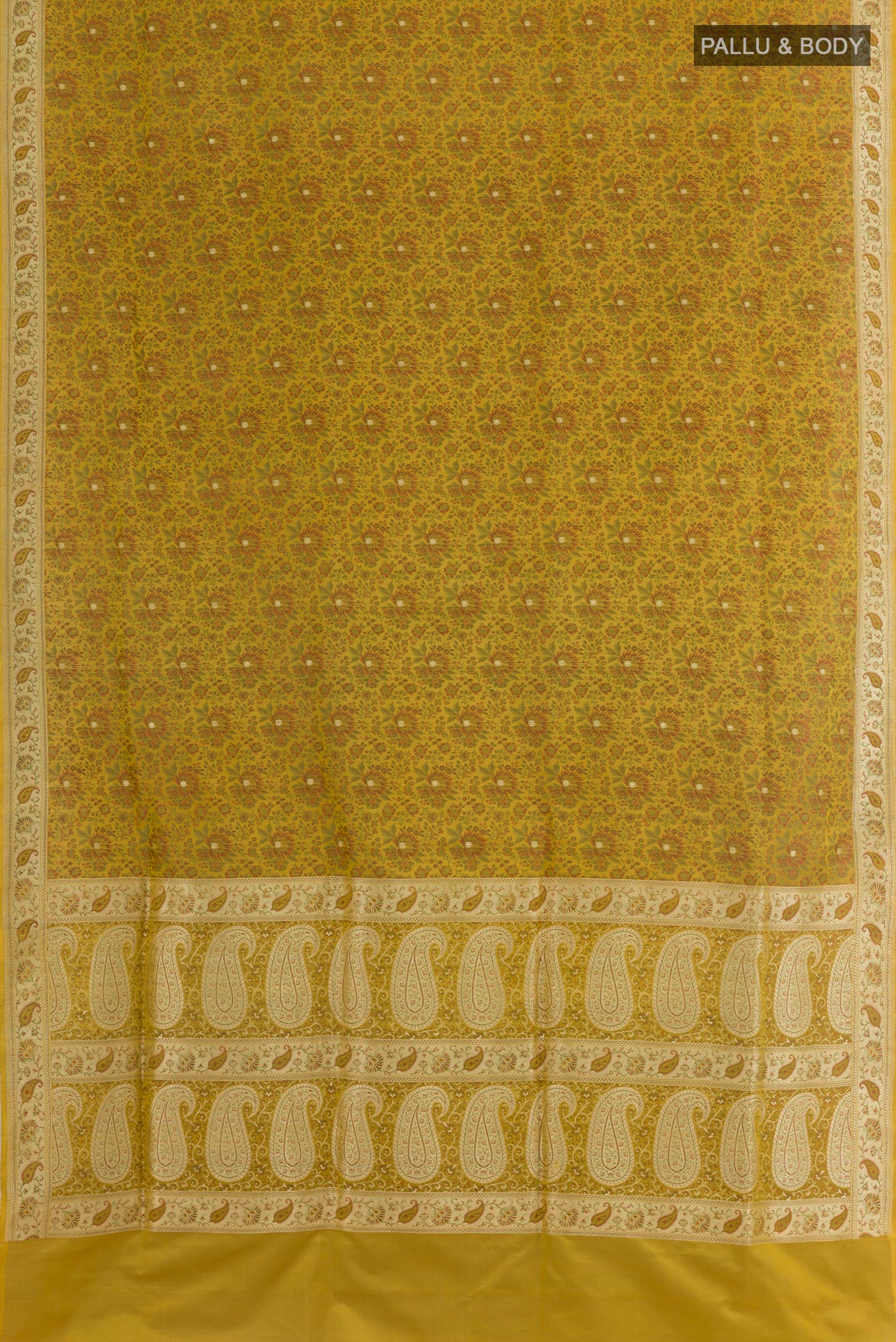 Flat view of Yellow Banarasi Tanchoi Silk Saree with Jacquard With Zari Butta on the body and Zari Border. 