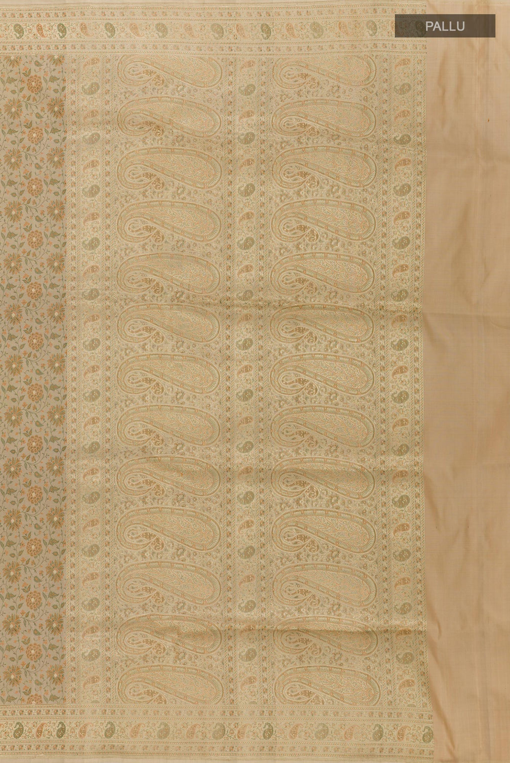 Close up image of the pallu of Beige Banarasi Tanchoi Silk Saree with Jacquard With Zari Butta on the body and Zari Border. 