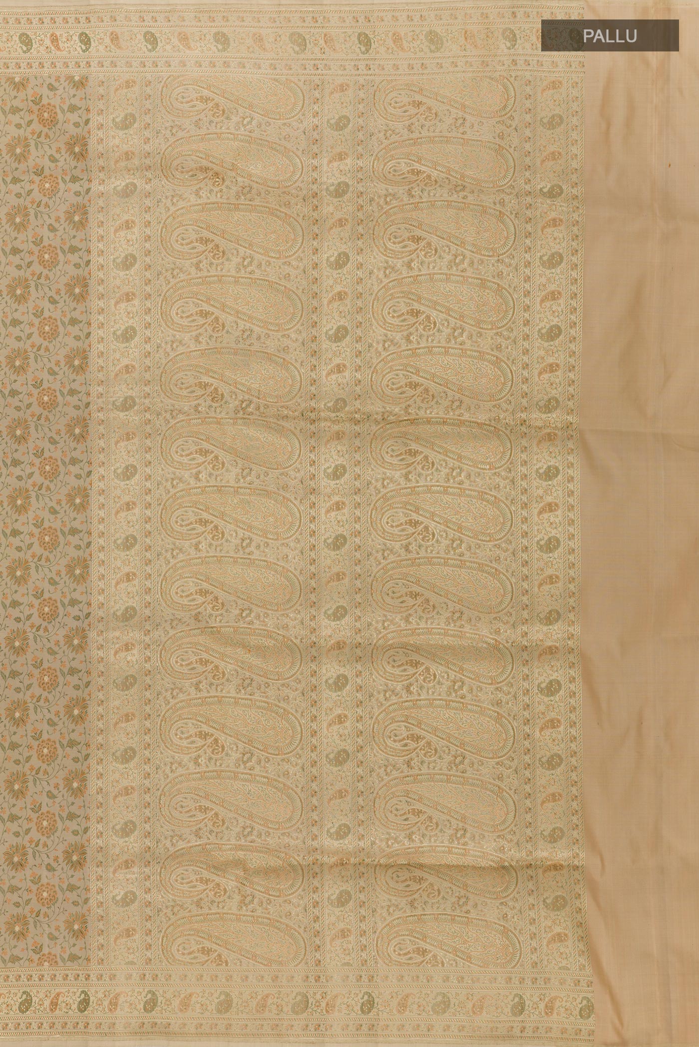 Close up image of the pallu of Beige Banarasi Tanchoi Silk Saree with Jacquard With Zari Butta on the body and Zari Border. 