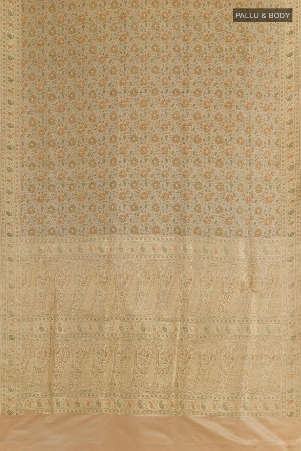 Flat view of Beige Banarasi Tanchoi Silk Saree with Jacquard With Zari Butta on the body and Zari Border. 