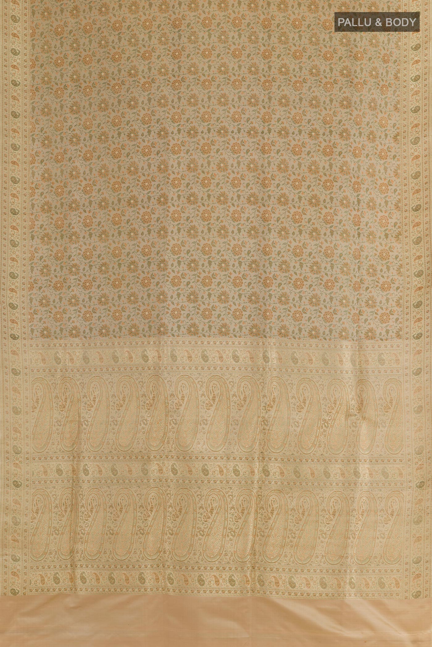 Flat view of Beige Banarasi Tanchoi Silk Saree with Jacquard With Zari Butta on the body and Zari Border. 