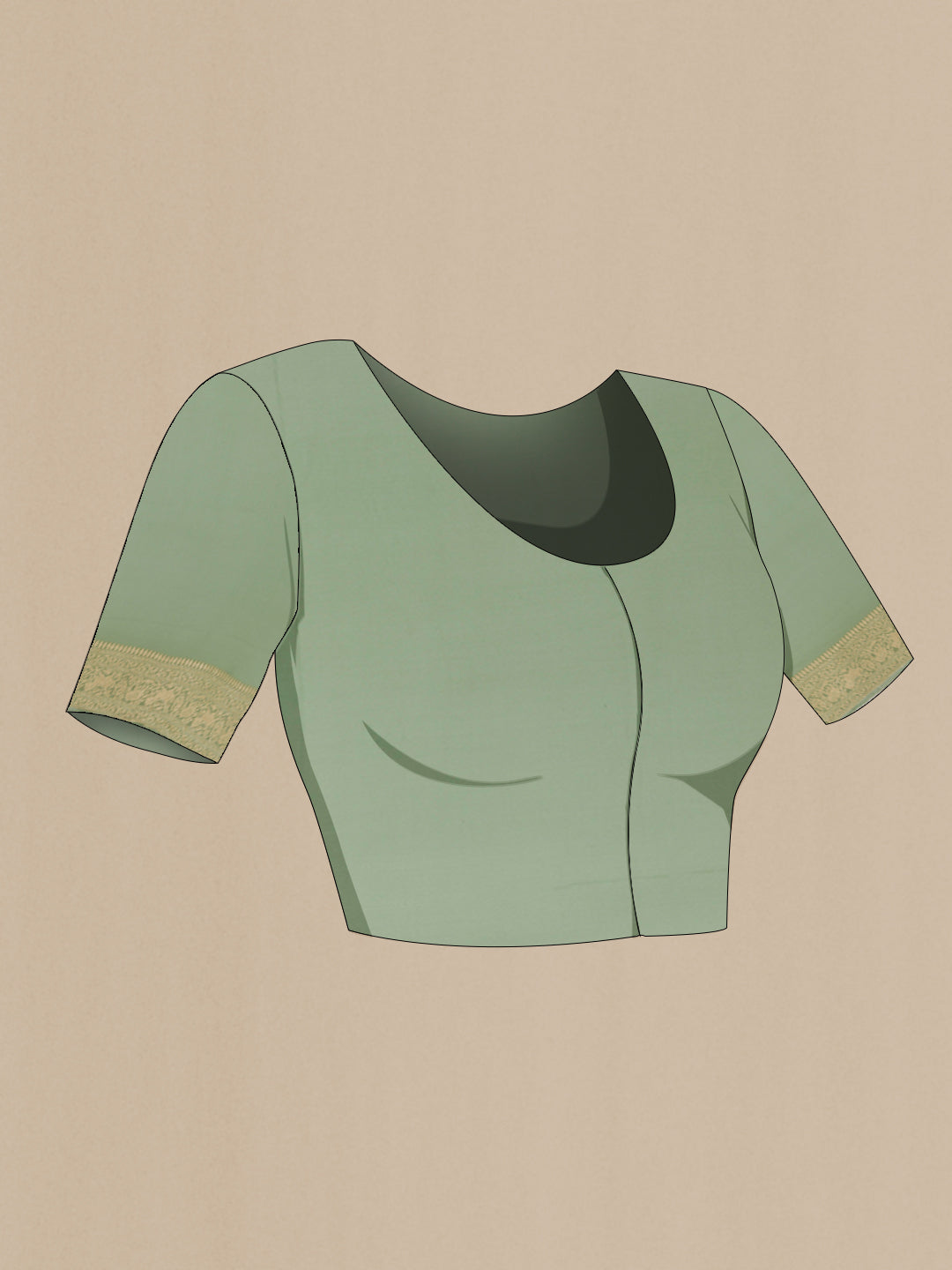 Close up image of the blouse of Light Green Banarasi Georgette Saree with Zari Brocade on the body and Zari Border. 