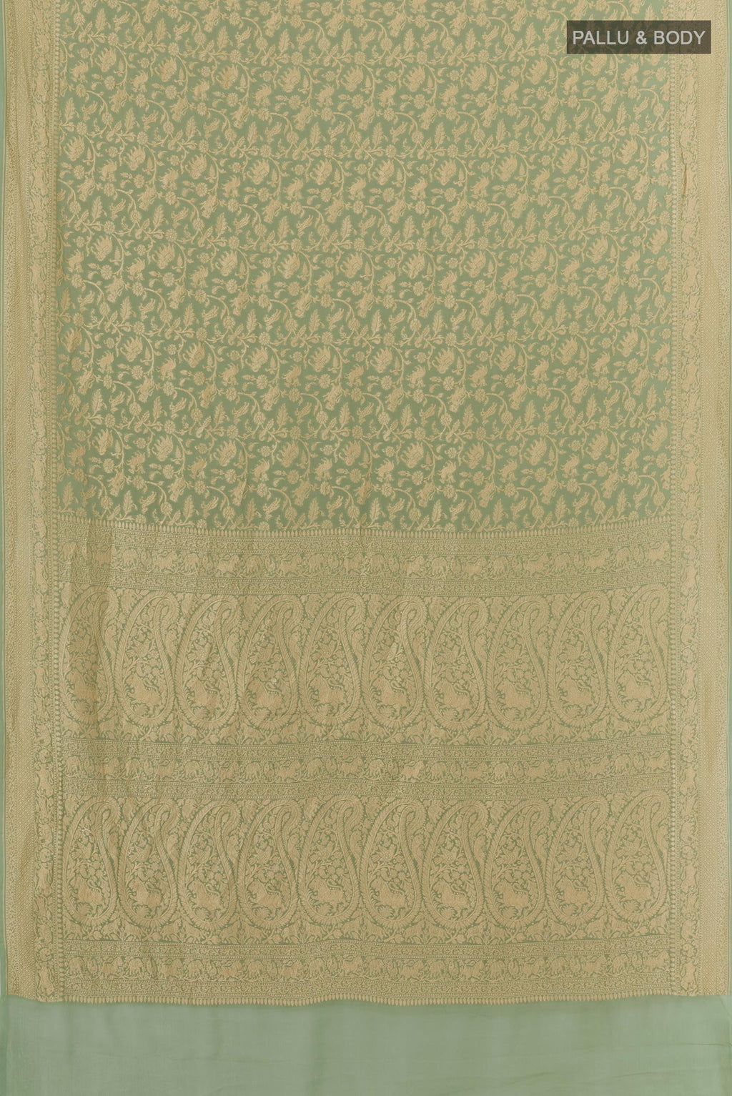 Flat view of Light Green Banarasi Georgette Saree with Zari Brocade on the body and Zari Border. 