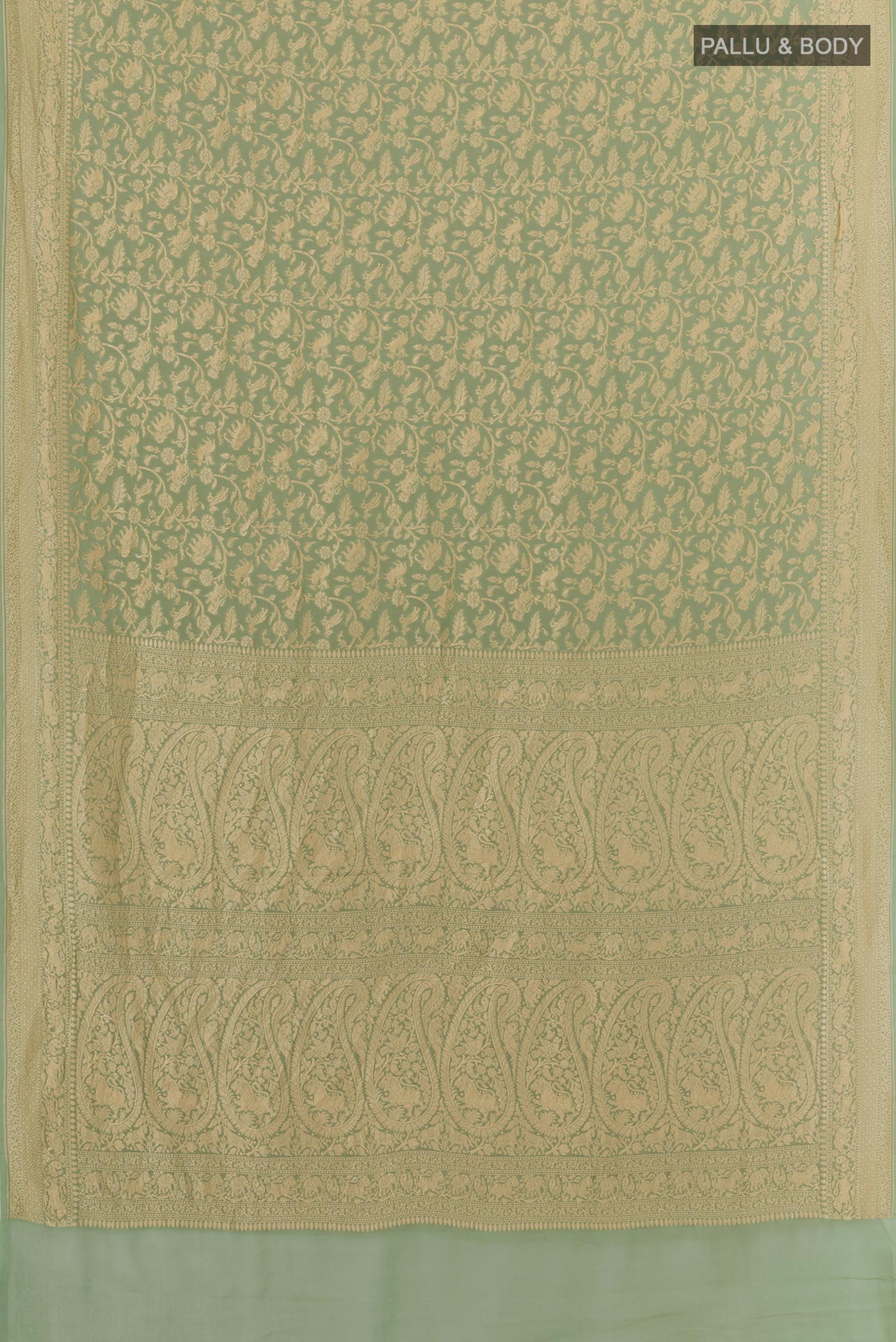 Flat view of Light Green Banarasi Georgette Saree with Zari Brocade on the body and Zari Border. 
