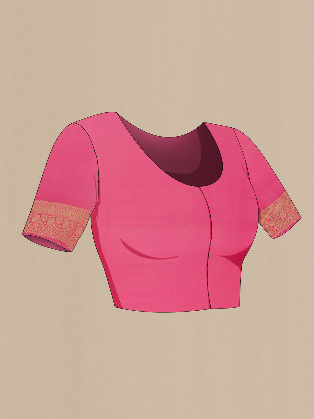 Close up image of the blouse of Pink Banarasi Georgette Saree with Zari Brocade on the body and Zari Border. 