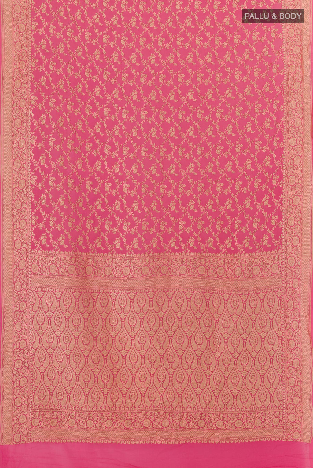 Flat view of Pink Banarasi Georgette Saree with Zari Brocade on the body and Zari Border. 