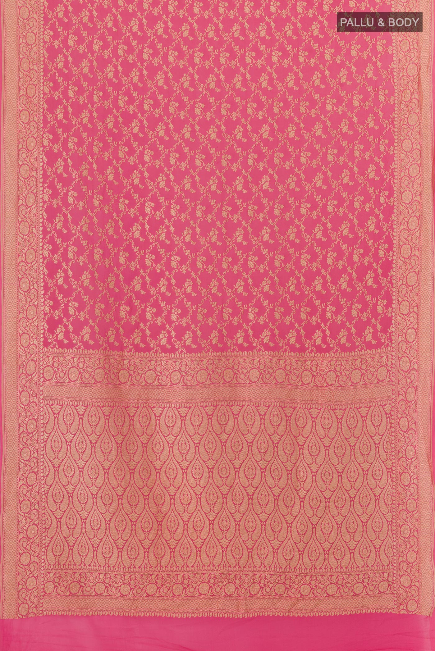 Flat view of Pink Banarasi Georgette Saree with Zari Brocade on the body and Zari Border. 
