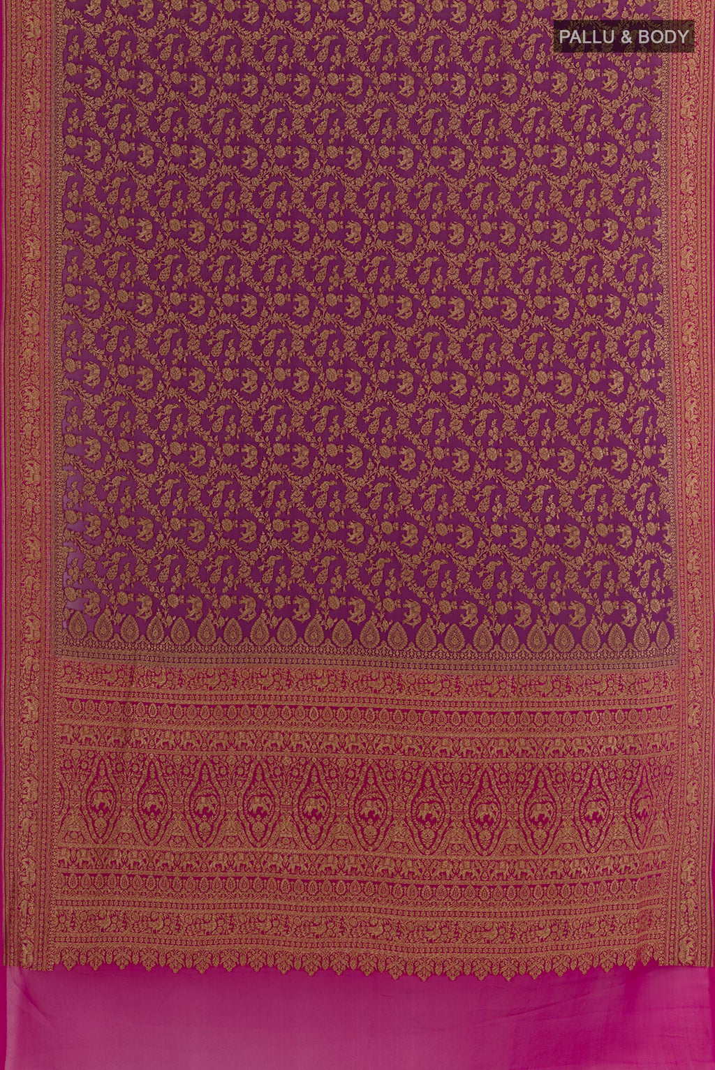 Flat view of Purple Banarasi Georgette Saree with Zari Brocade on the body and Zari Border. 