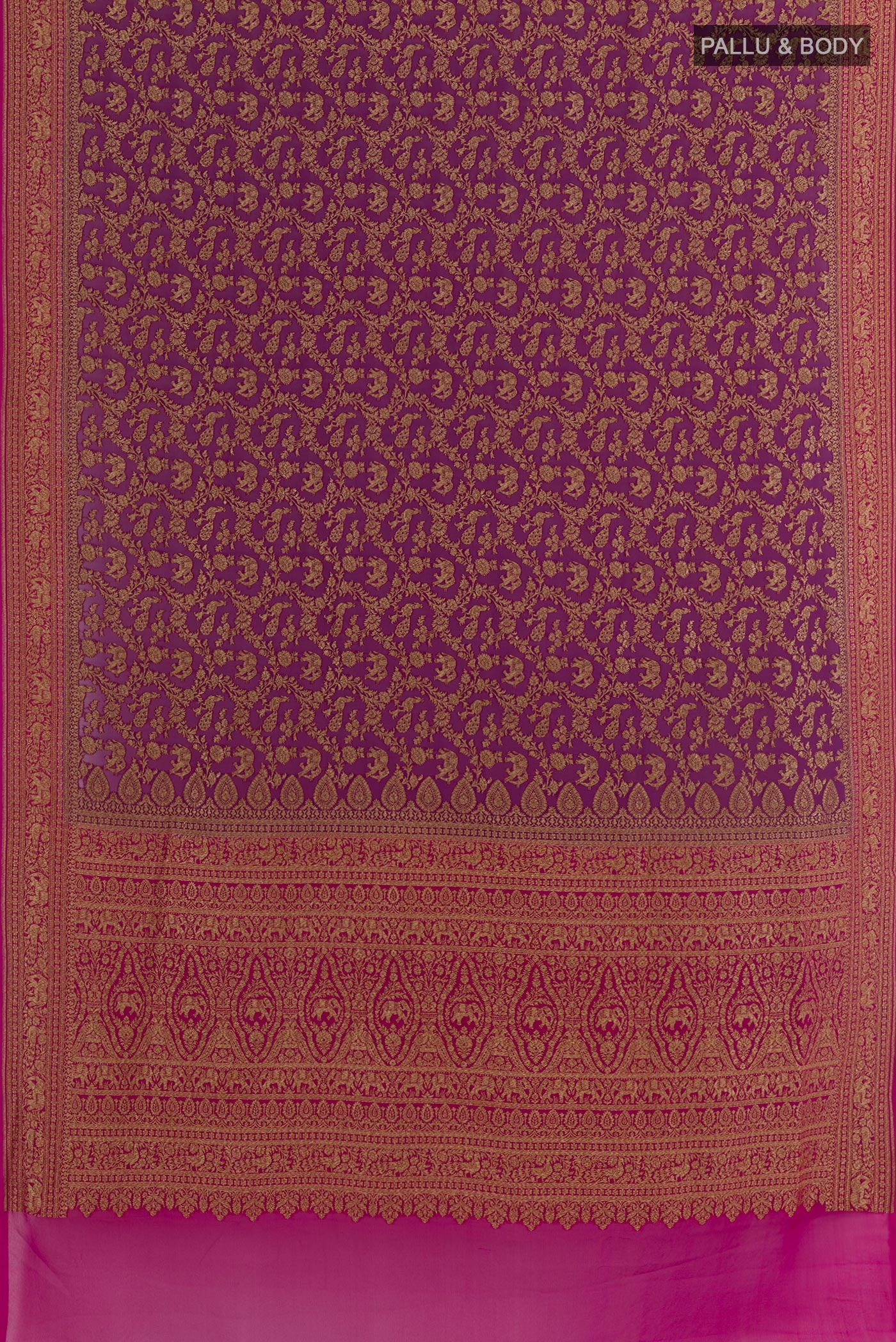 Flat view of Purple Banarasi Georgette Saree with Zari Brocade on the body and Zari Border. 