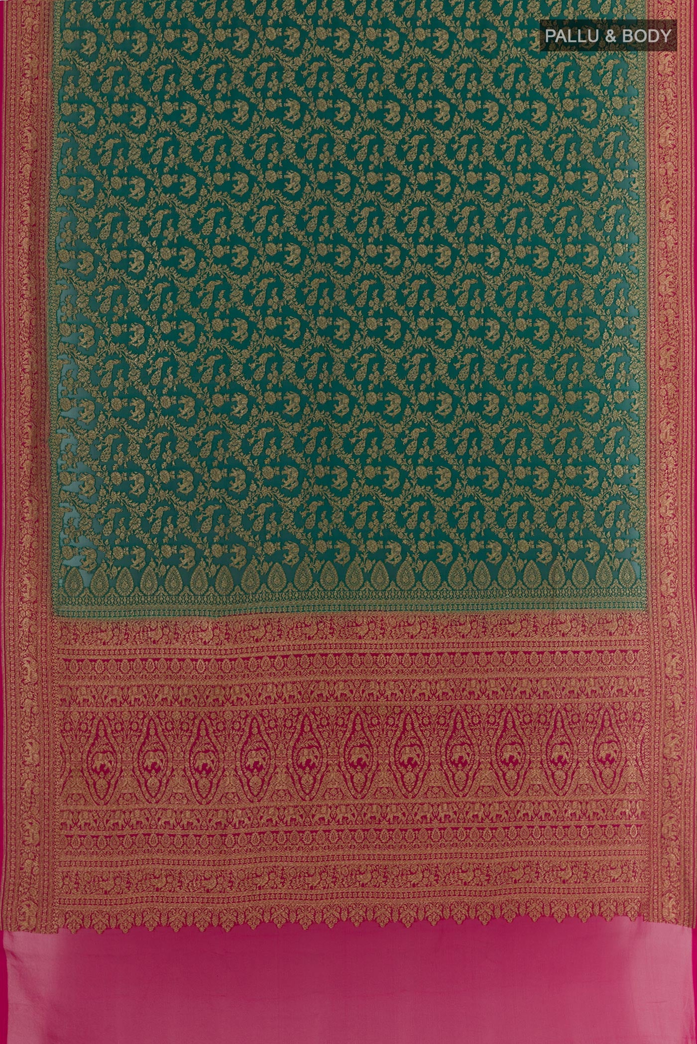 Flat view of Green Banarasi Georgette Saree with Zari Brocade on the body and Zari Border. 