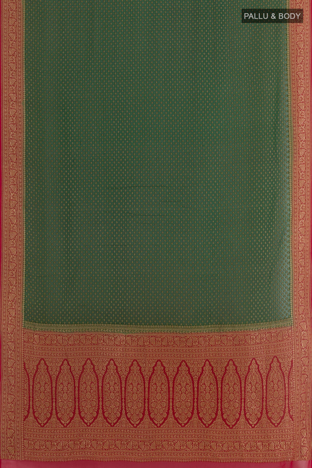 Flat view of Green Banarasi Georgette Saree with Zari Butta on the body and Zari Border. 