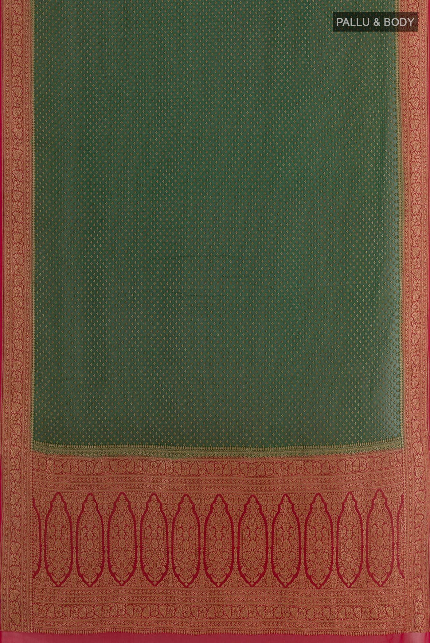 Flat view of Green Banarasi Georgette Saree with Zari Butta on the body and Zari Border. 