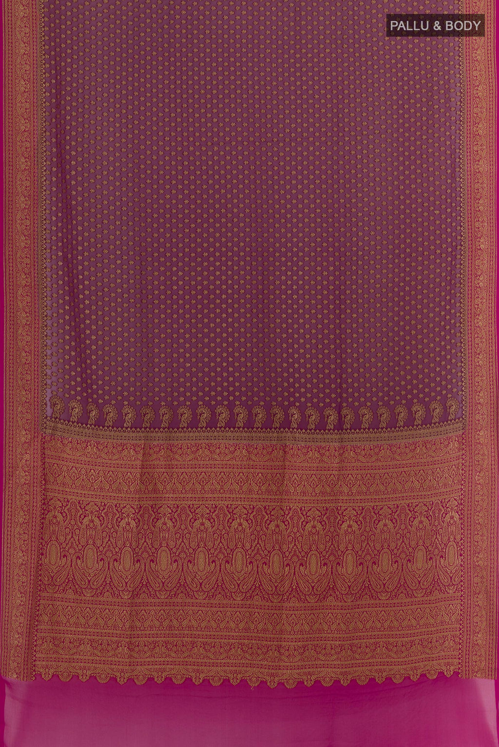 Flat view of Purple Banarasi Georgette Saree with Zari Butta on the body and Zari Border. 