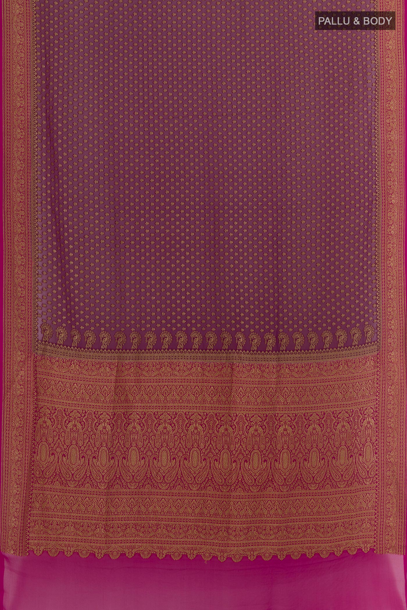 Flat view of Purple Banarasi Georgette Saree with Zari Butta on the body and Zari Border. 