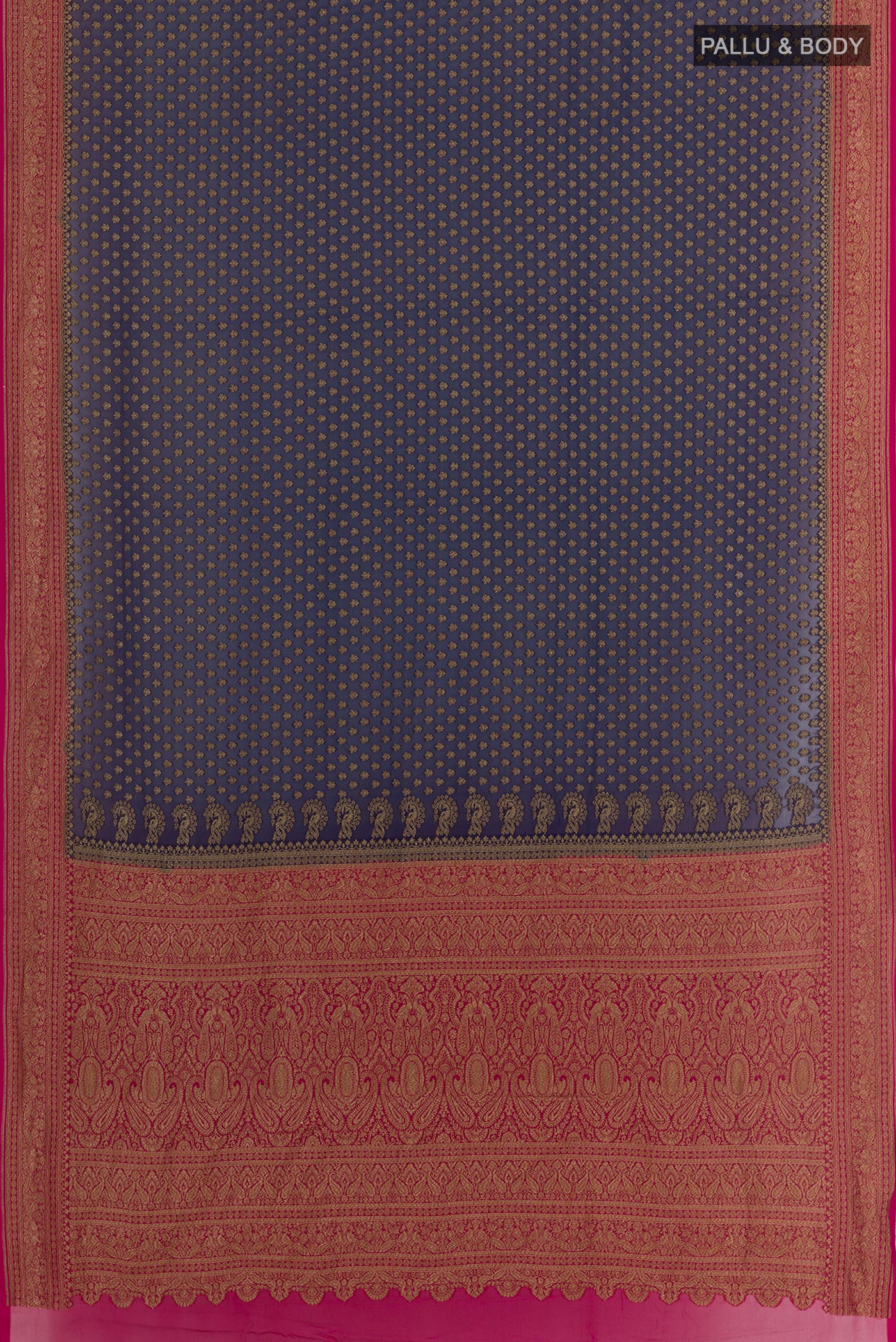 Flat view of Navy Blue Banarasi Georgette Saree with Zari Butta on the body and Zari Border. 