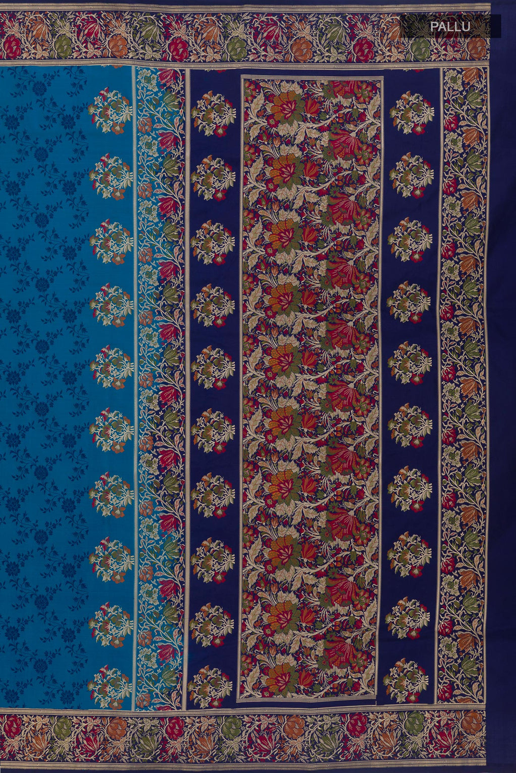 Close up image of the pallu of Blue Banarasi Tanchoi Silk Saree with Jacquard design on the body and Zari And Thread Border. 