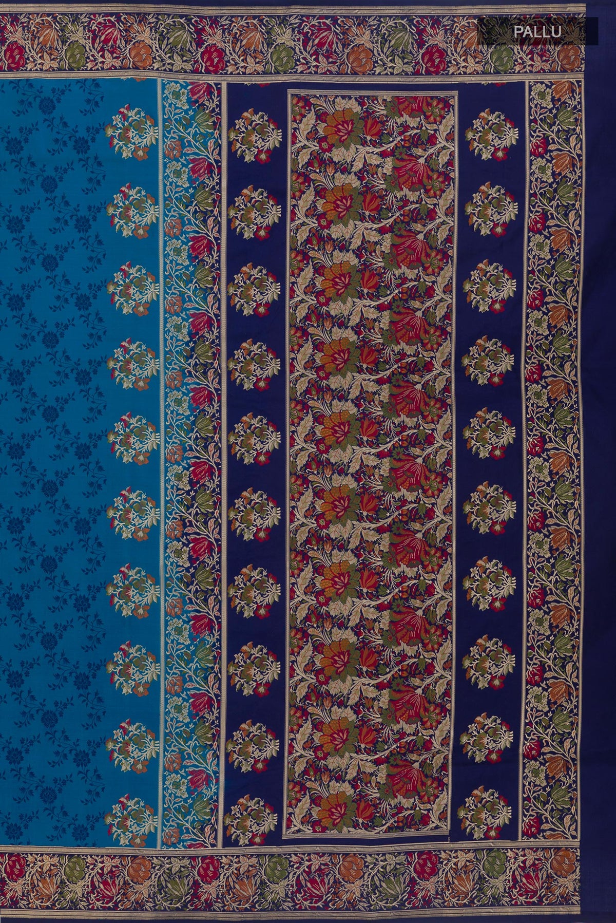 Close up image of the pallu of Blue Banarasi Tanchoi Silk Saree with Jacquard design on the body and Zari And Thread Border. 