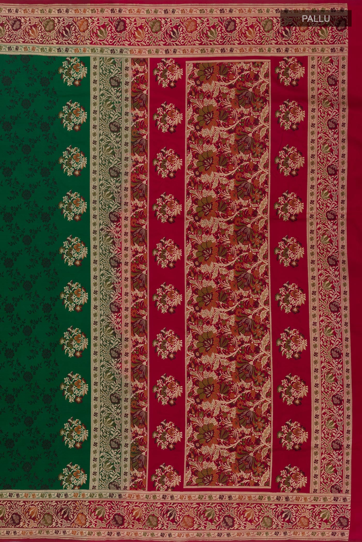 Close up image of the pallu of Green Banarasi Tanchoi Silk Saree with Jacquard design on the body and Zari And Thread Border. 