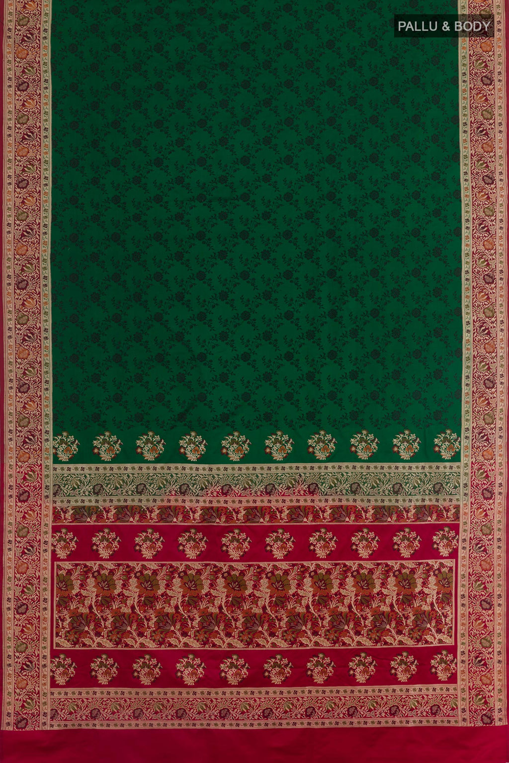 Flat view of Green Banarasi Tanchoi Silk Saree with Jacquard design on the body and Zari And Thread Border. 