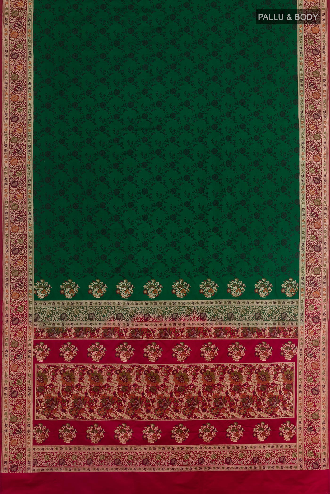 Flat view of Green Banarasi Tanchoi Silk Saree with Jacquard design on the body and Zari And Thread Border. 