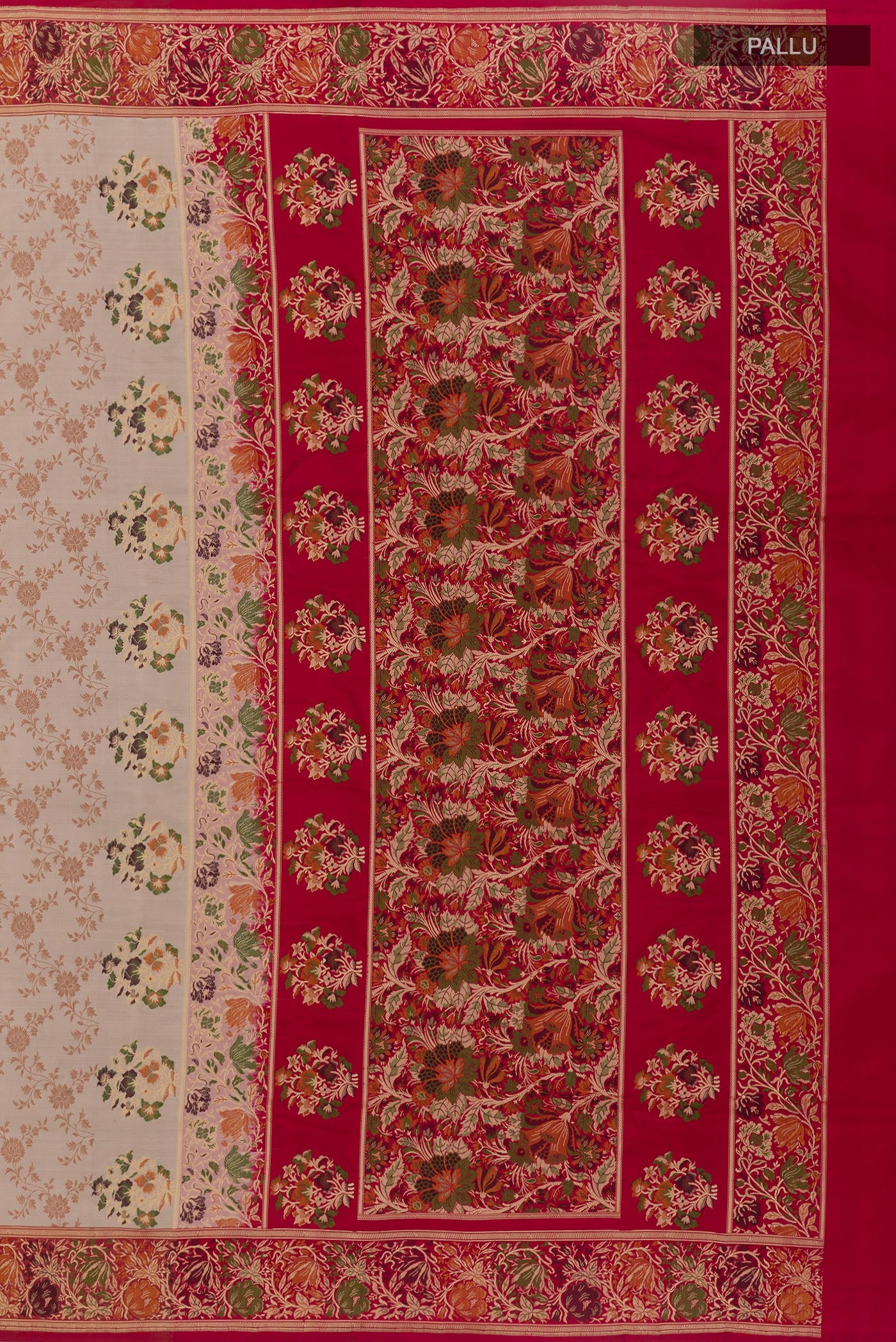 Close up image of the pallu of Beige Banarasi Tanchoi Silk Saree with Jacquard design on the body and Zari Border. 