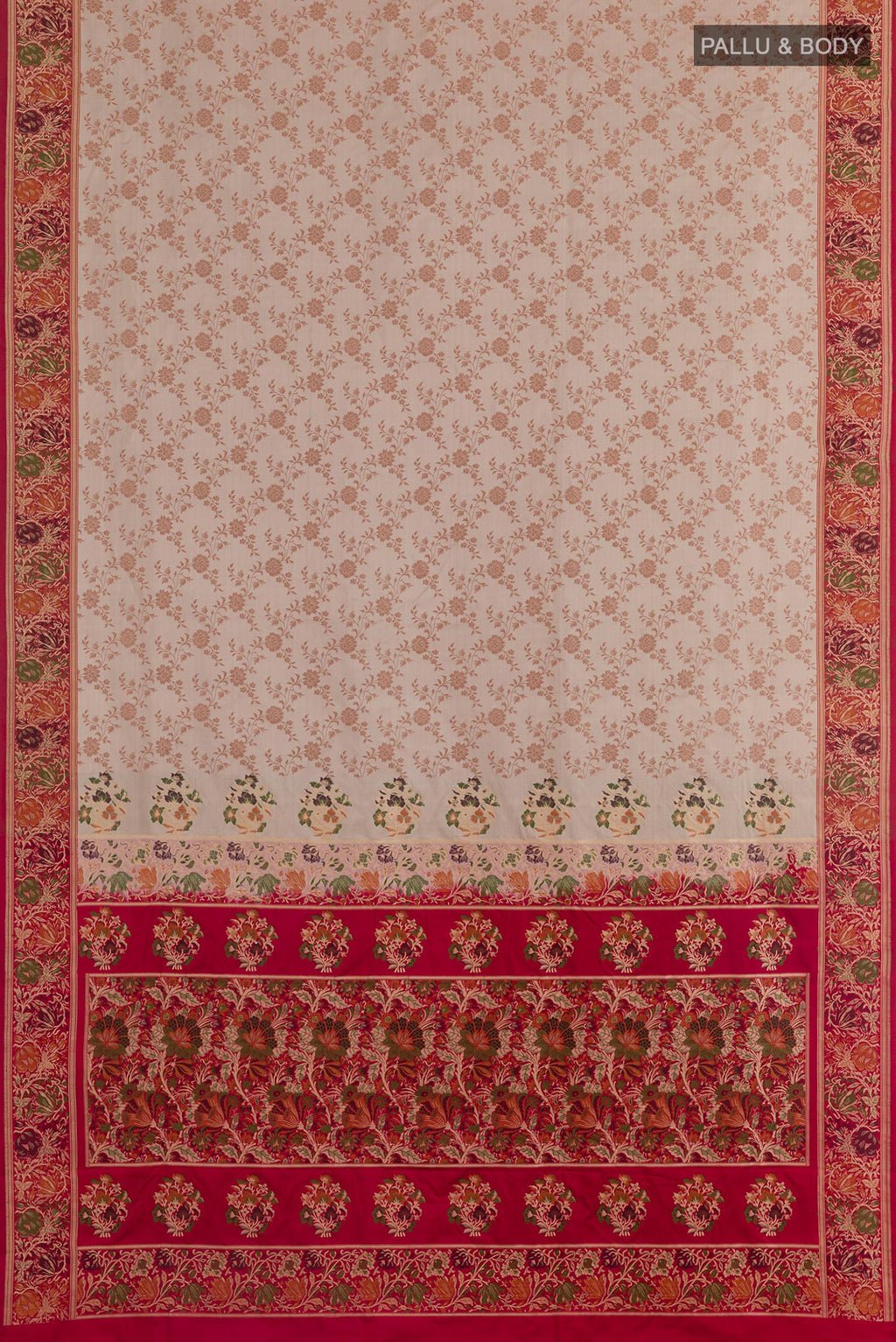 Flat view of Beige Banarasi Tanchoi Silk Saree with Jacquard design on the body and Zari Border. 