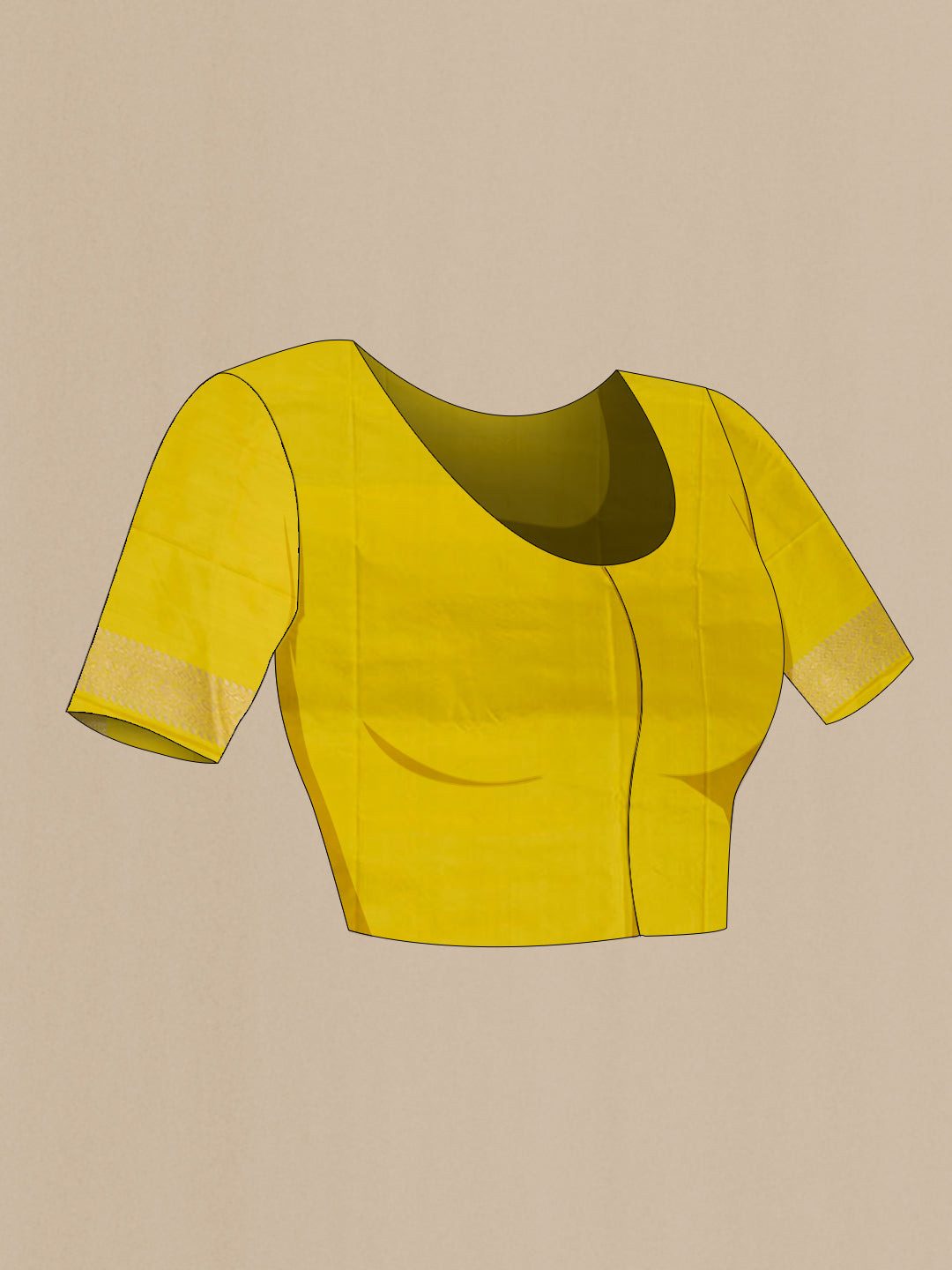 Close up image of the blouse of Yellow Banarasi Silk Saree with Zari Butta on the body and Zari Border. 