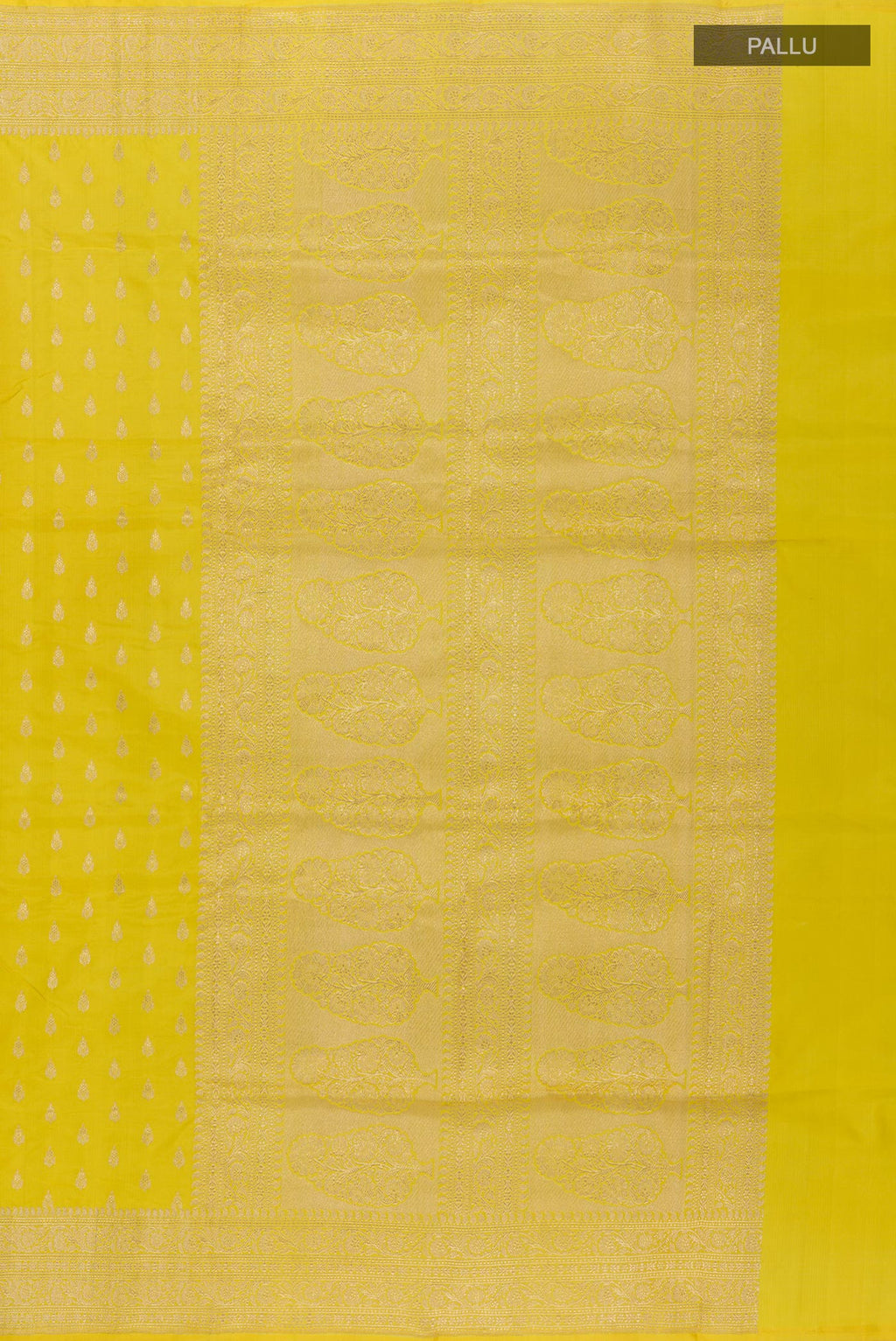Close up image of the pallu of Yellow Banarasi Silk Saree with Zari Butta on the body and Zari Border. 