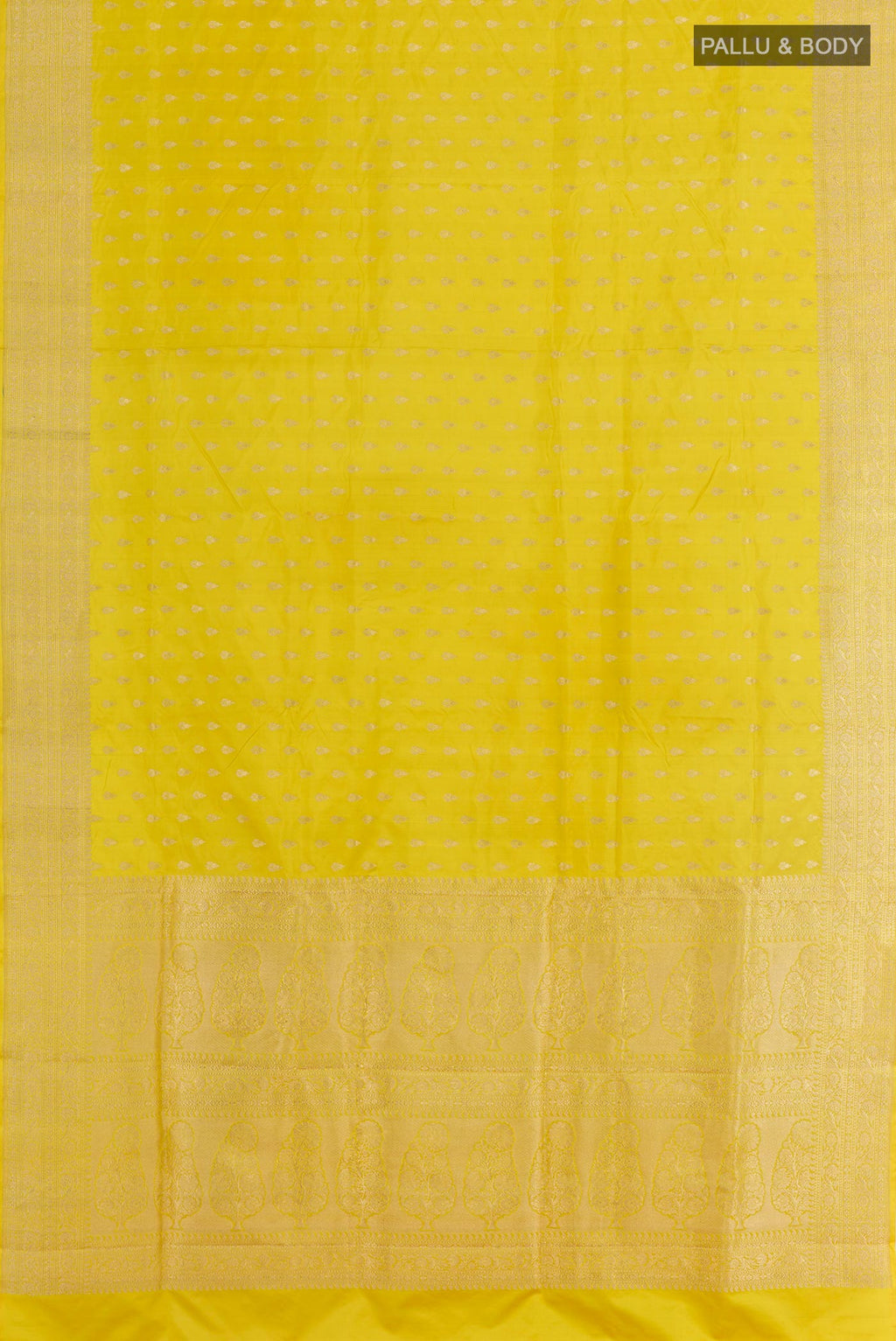 Flat view of Yellow Banarasi Silk Saree with Zari Butta on the body and Zari Border. 