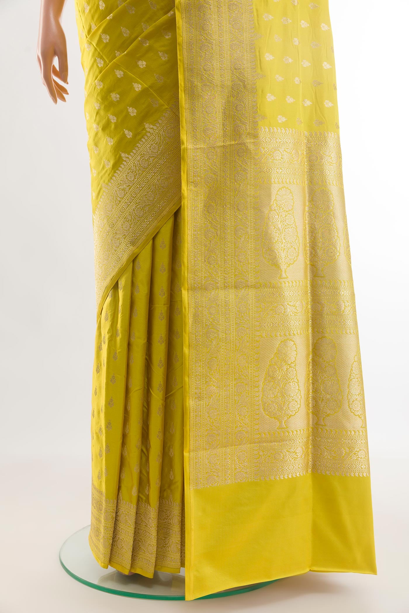 Pleats and pallu of Yellow Banarasi Silk Saree with Zari Butta on the body and Zari Border. 