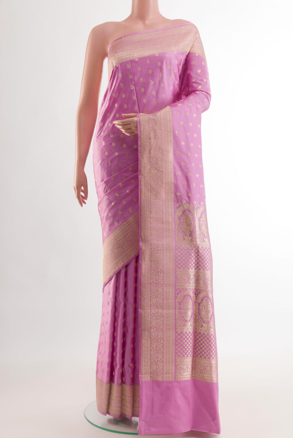 Pink Banarasi Silk Saree with Zari Butta on the body and Zari Border.  displayed on a mannequin
