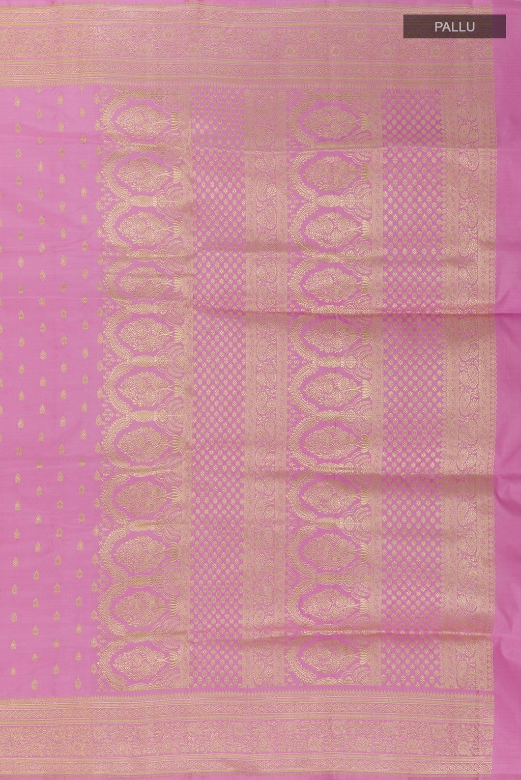 Close up image of the pallu of Pink Banarasi Silk Saree with Zari Butta on the body and Zari Border. 