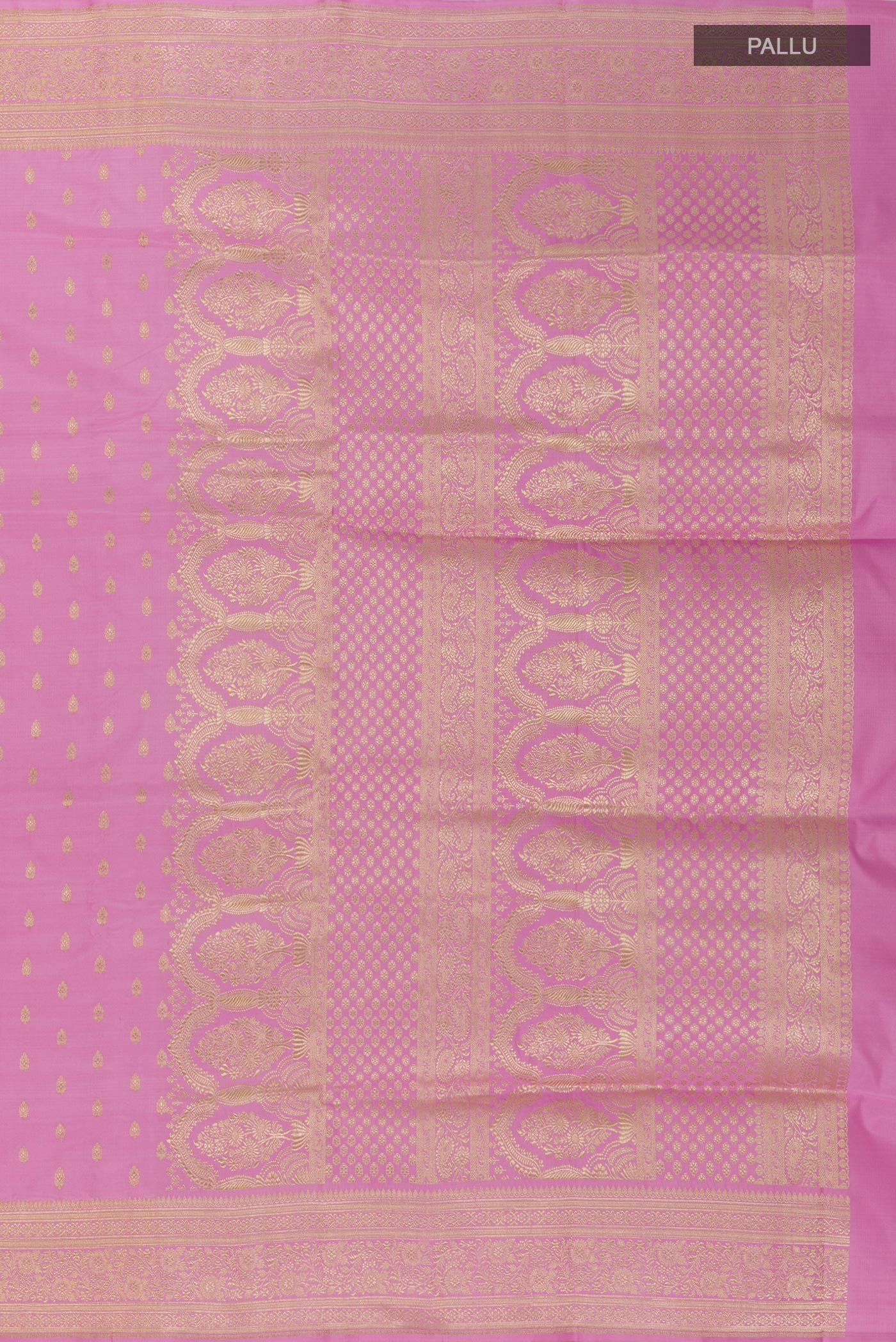 Close up image of the pallu of Pink Banarasi Silk Saree with Zari Butta on the body and Zari Border. 